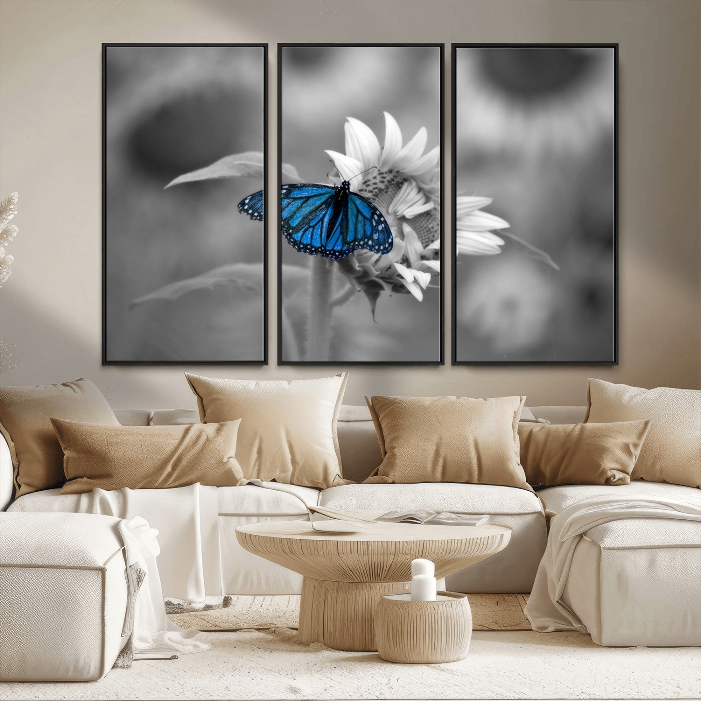 MGV-FC-48X32-3P - Blue Butterfly Black and White Canvas Wall Art