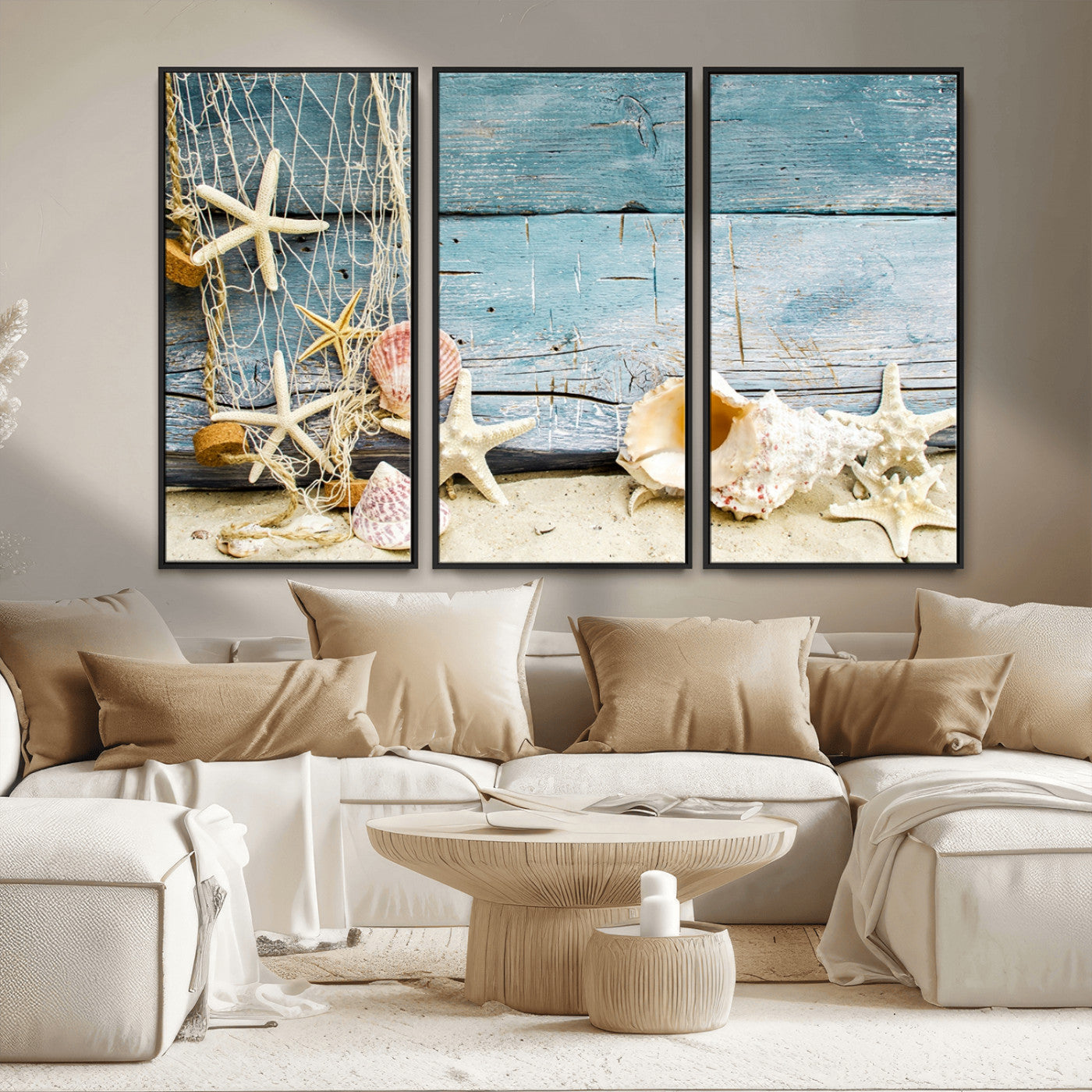 MGV-FC-48X32-3P - Seashells on Rustic Wooden Background, Seashells Wall Art Canvas Print