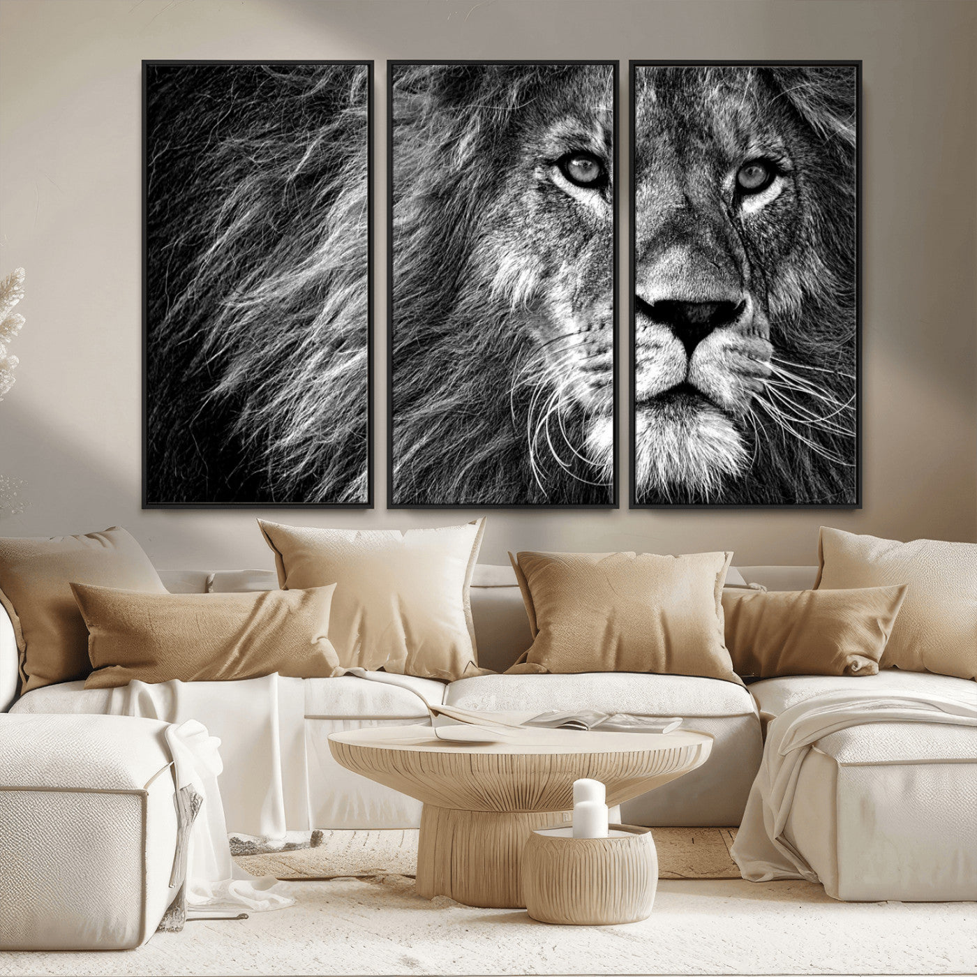 MGV-FC-48X32-3P - Black and White Lion Canvas Wall Art Print