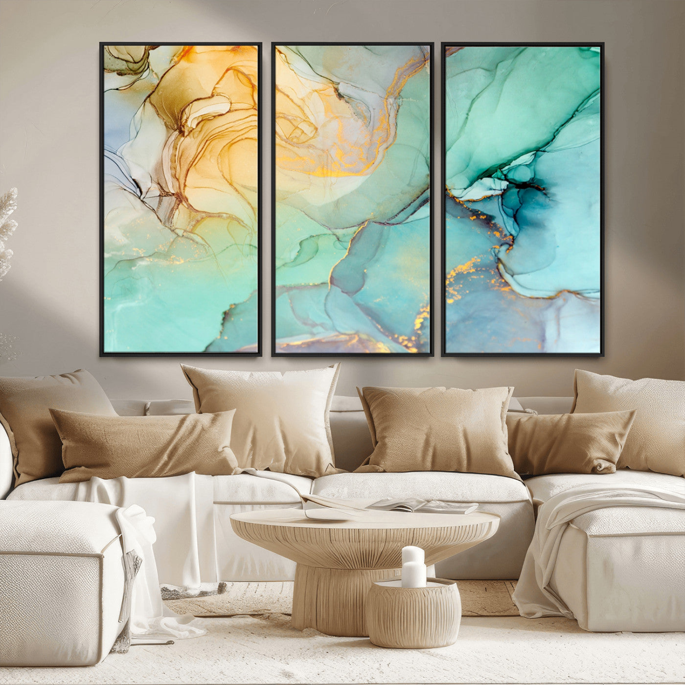 MGV-FC-48X32-3P - Abstract Aqua and Gold Fluid Wall Art Canvas | 3 Panel Large Canvas Print for Living Room, Office,