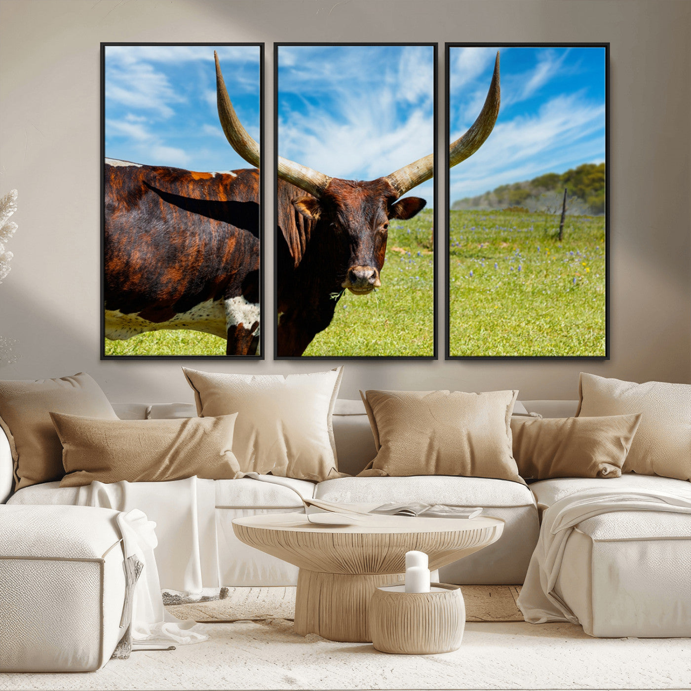 MGV-FC-48X32-3P - Longhorn and Cow Wall Art, Country Cow Wall Decor Canvas Print