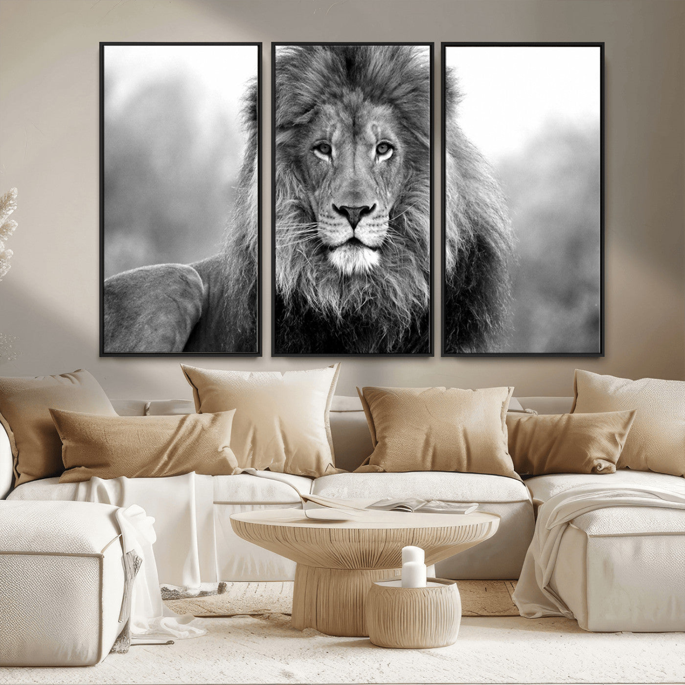 MGV-FC-48X32-3P - Black and White Lion Canvas Wall Art Animal Print
