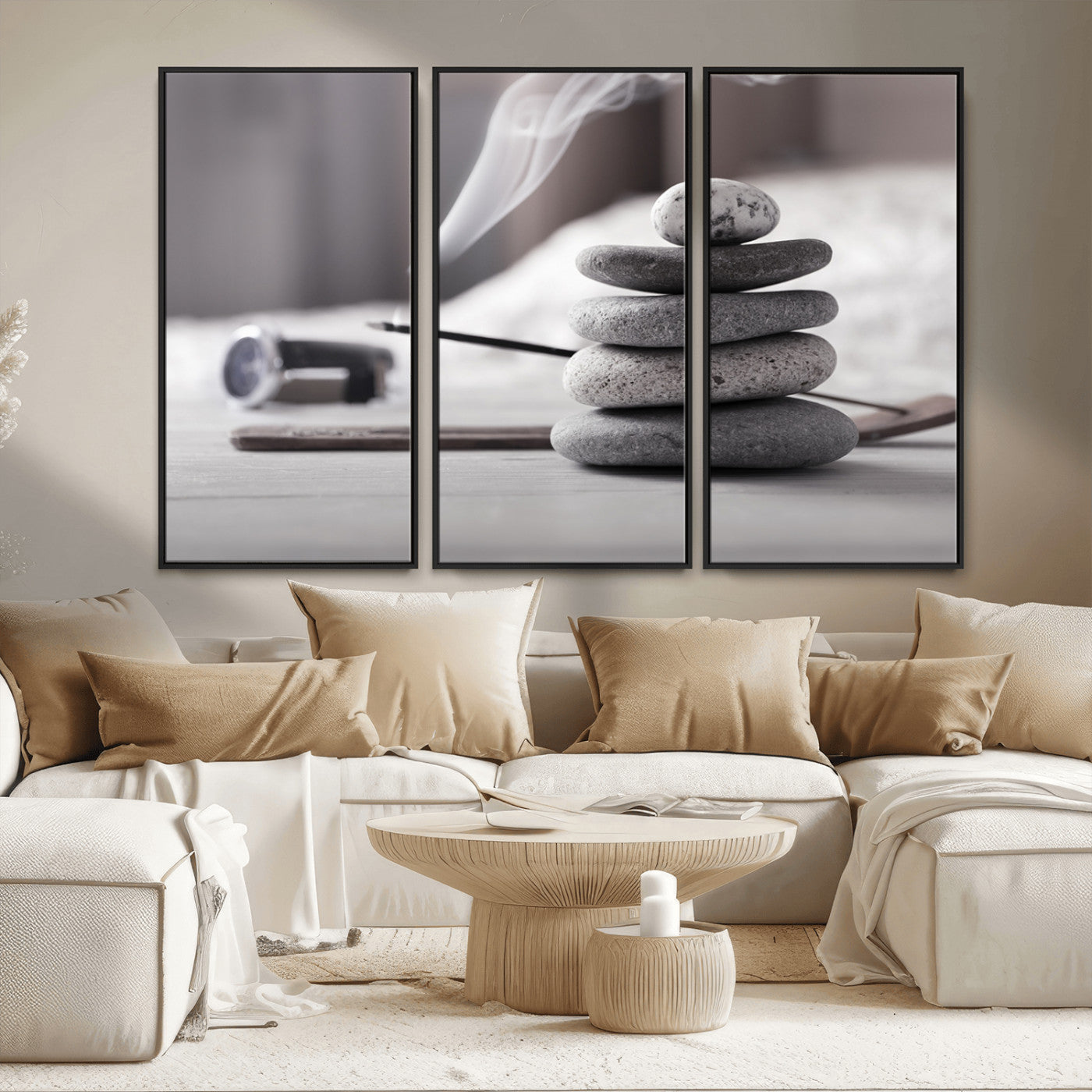 MGV-FC-48X32-3P - Burning Incense and Zen Stones Buddhism Wall Art, Zen Stones Wall Art Canvas Print