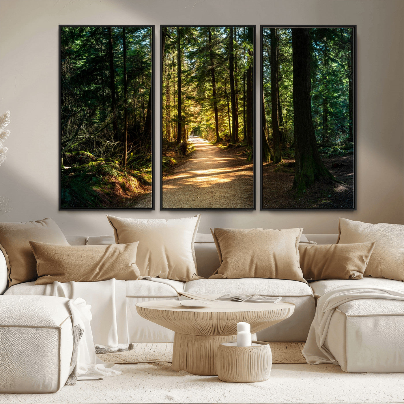 MGV-FC-48X32-3P - Sunlit Forest Pathway Canvas Print | 3 Panel Large Nature Wall Art for Living Room, Office, or