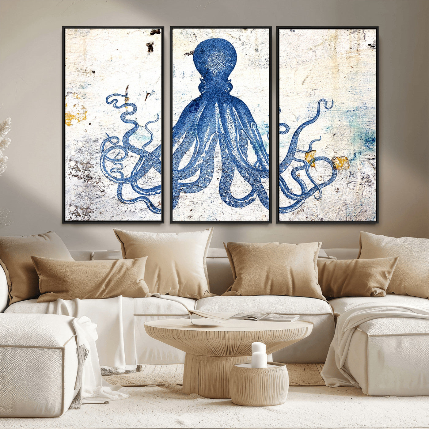 MGV-FC-48X32-3P - Octopus Canvas Wall Art | Coastal Marine Life Artwork for Living Room, Bedroom, or Office |