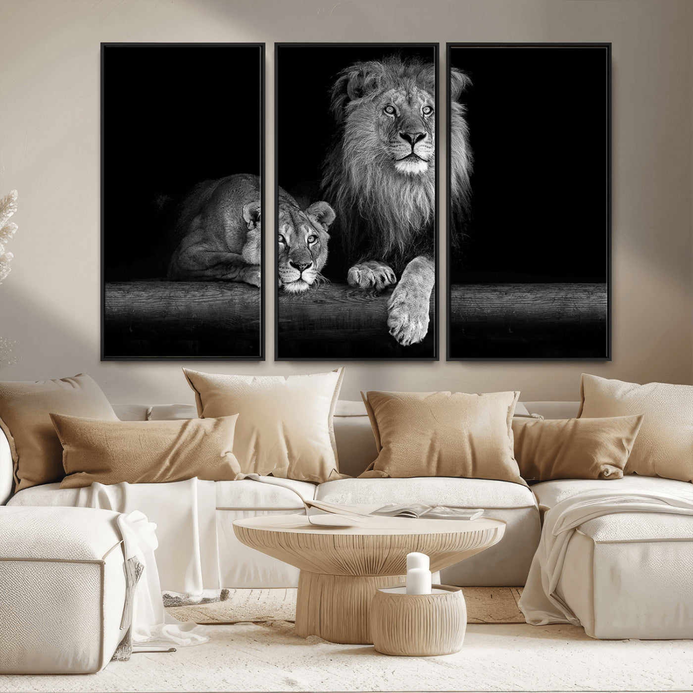 MGV-FC-48X32-3P - Large Black and White Lion Couple Wall Art Canvas Print