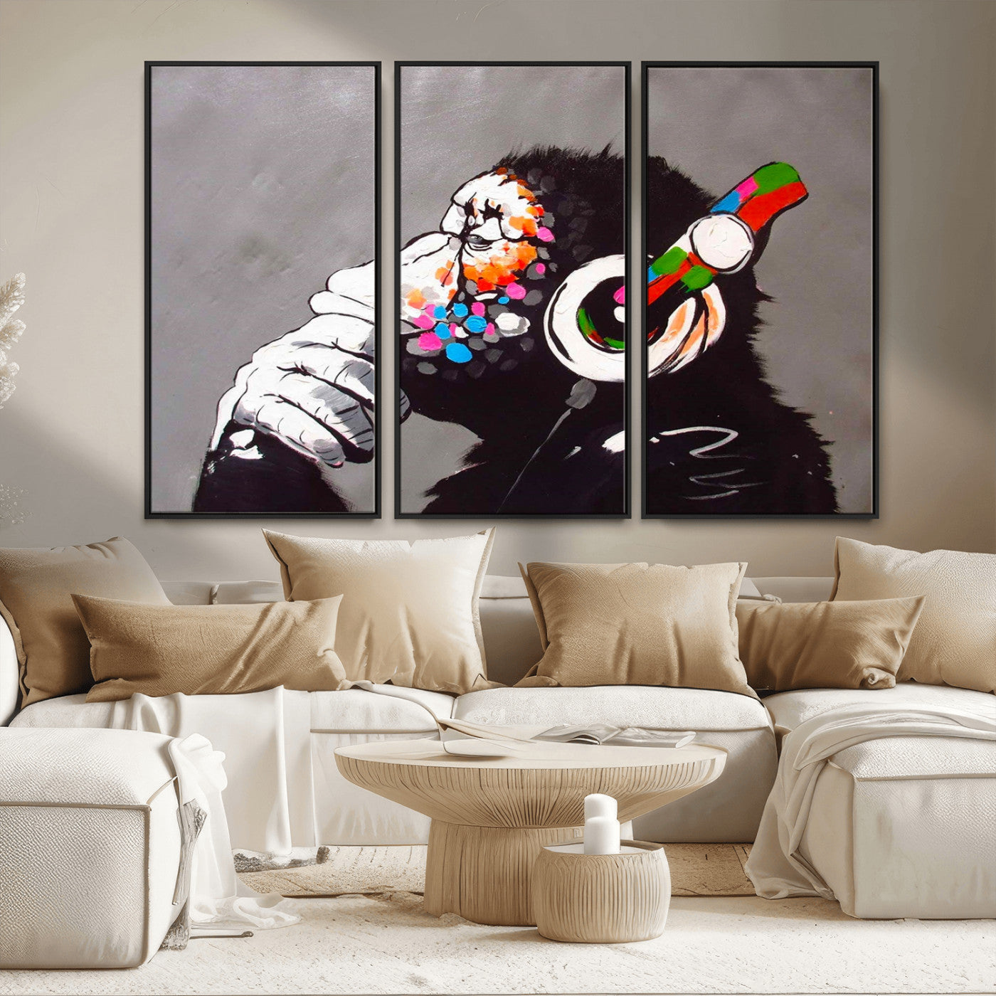 MGV-FC-48X32-3P - Dj Monkey Listening to Music Wall Art Print | Banksy Monkey Large Canvas Print for Living Room,