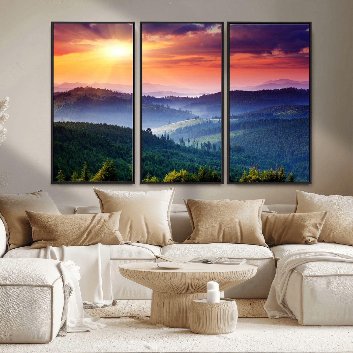MGV-FC-48X32-3P - Beautiful Sunset over Hills Forest Landscape Canvas Wall Art Print