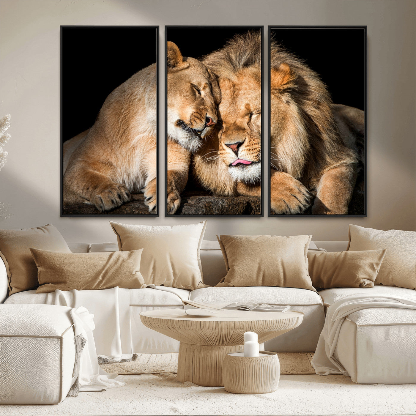 MGV-FC-48X32-3P - Lion and Lioness Wall Art Print Canvas | 3-Panel African Wildlife Canvas Print | Animal-Themed Art