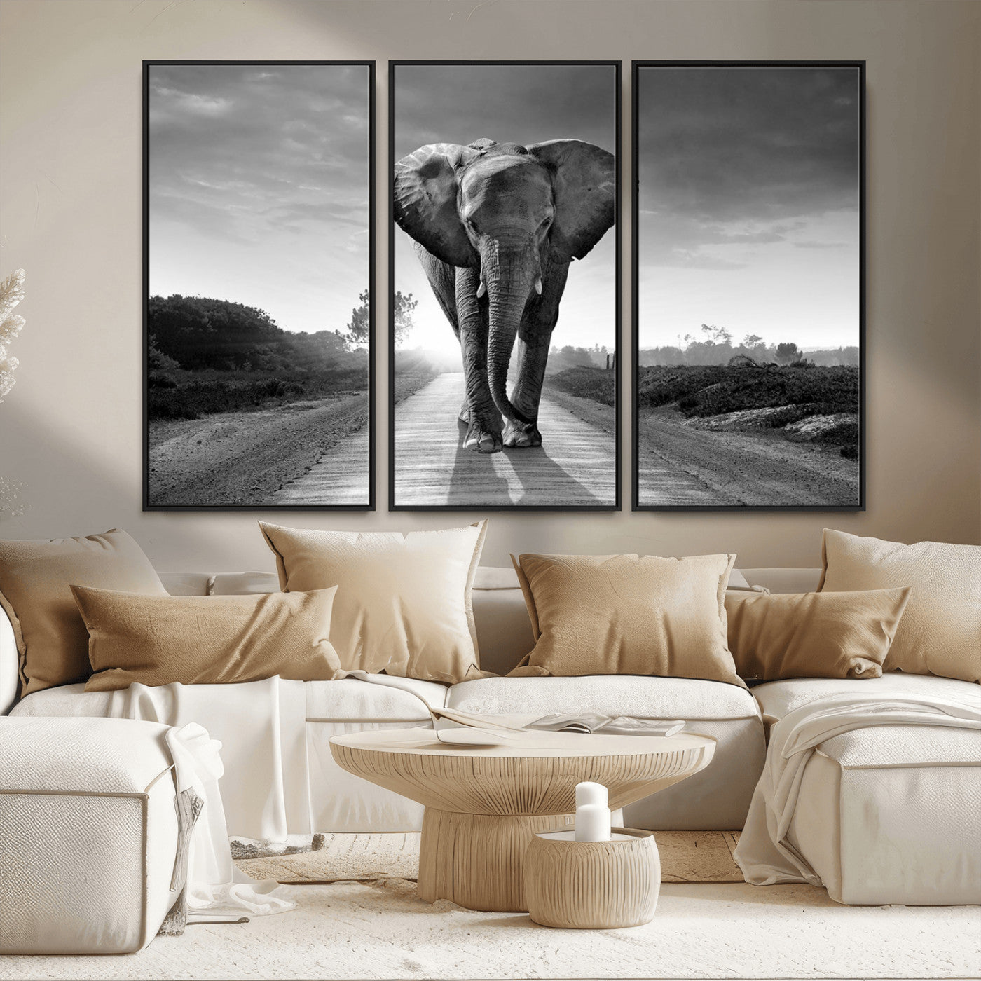 MGV-FC-48X32-3P - Black and White Elephant Wall Art Canvas Print