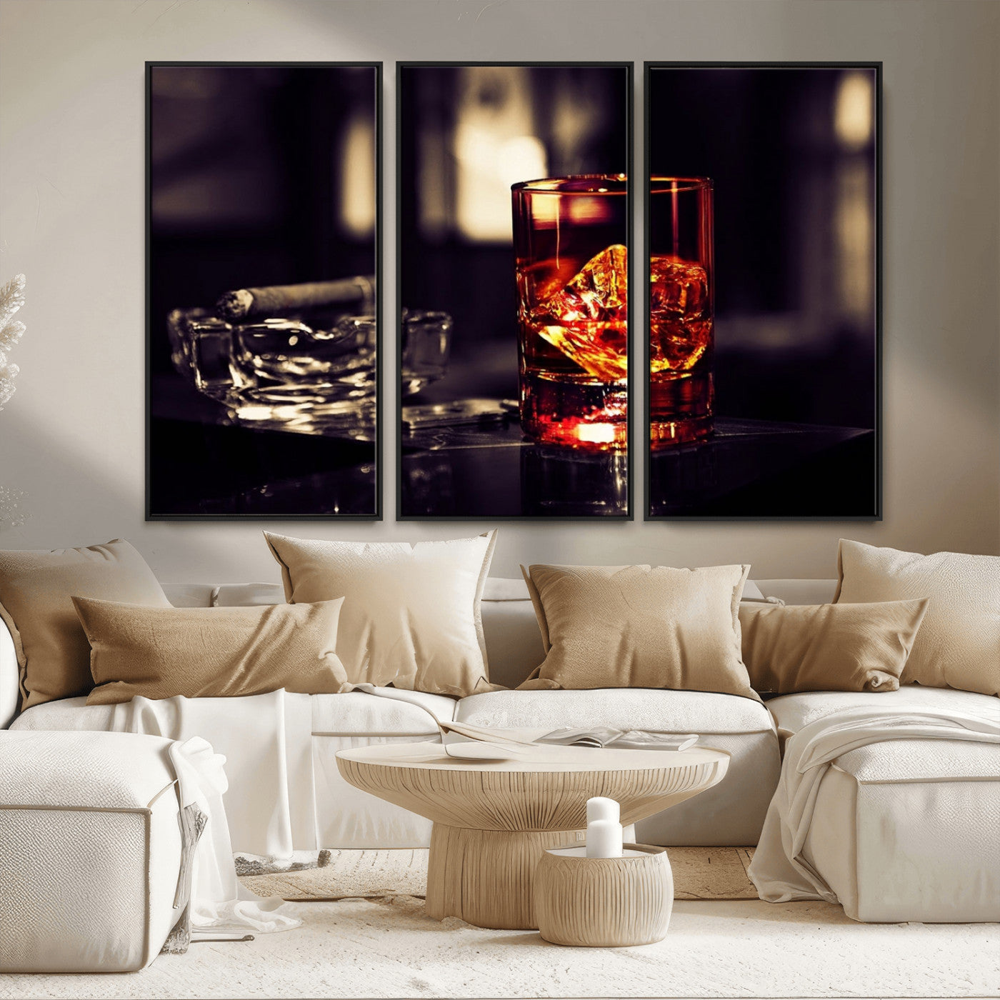 MGV-FC-48X32-3P - Whiskey and Cigar Canvas – Luxurious Wall Art for Home or Bar – Glass and Cigar Scene Print Canvas