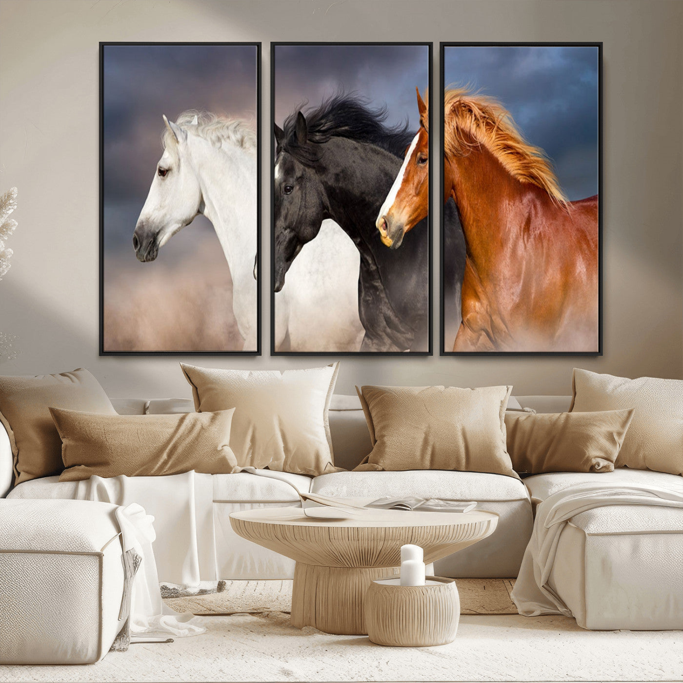 MGV-FC-48X32-3P - Animal Wall Art Three Horses Farmhouse Art Canvas, Framed Three Horses Canvas Print