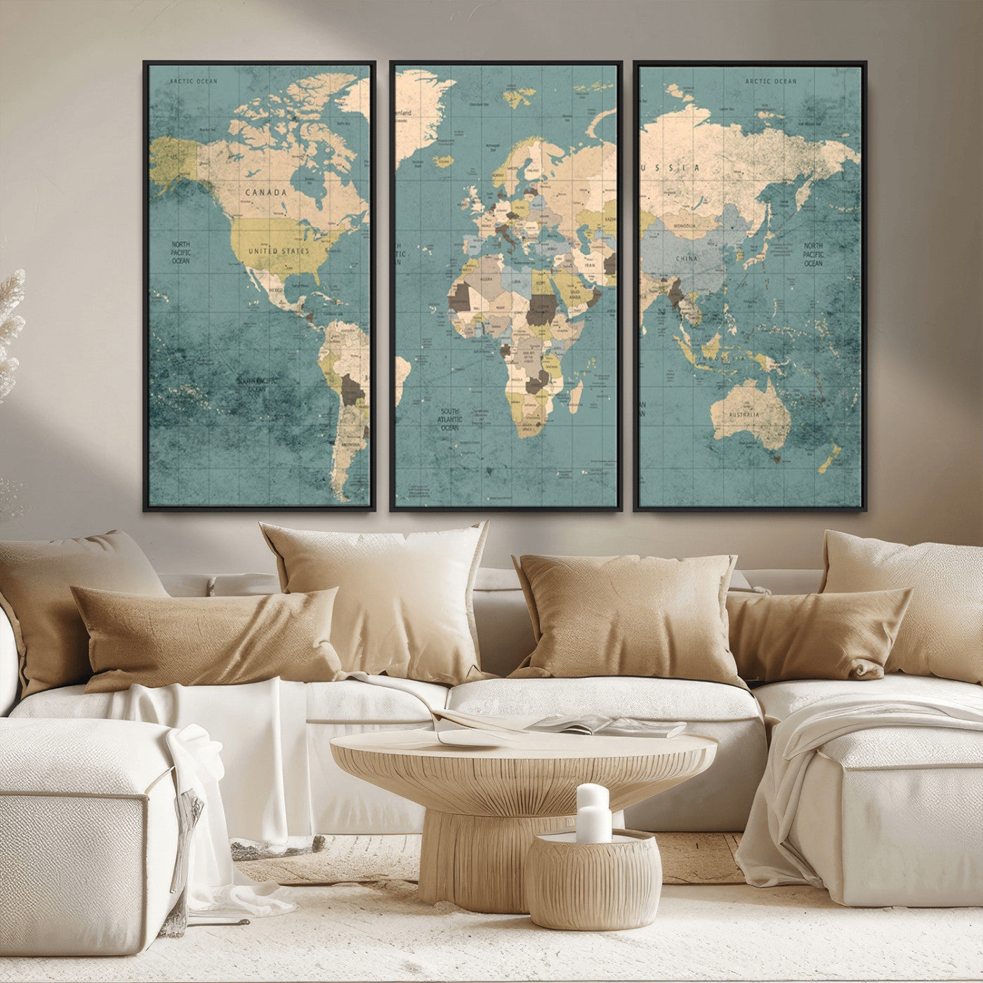 MGV-FC-48X32-3P - Classic World Map Wall Art Canvas Print, Framed Retro Map Art Picture Print, Vintage Atlas Perfect Rustic Explorer Decor Artwork