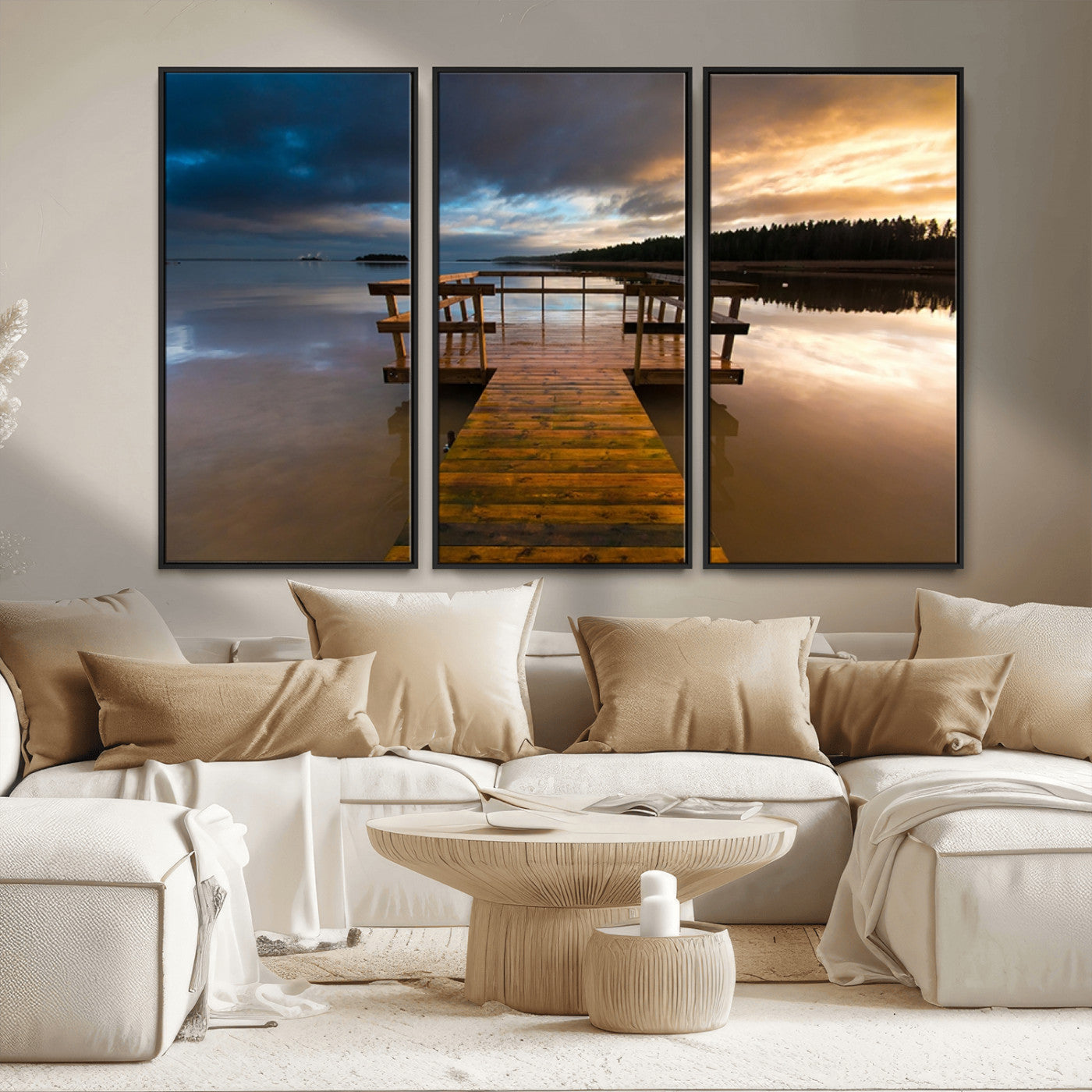 MGV-FC-48X32-3P - Serene Lake Pier at Sunset Canvas Print | Landscape Canvas Print | Ready to Hang and Framed Wall Art