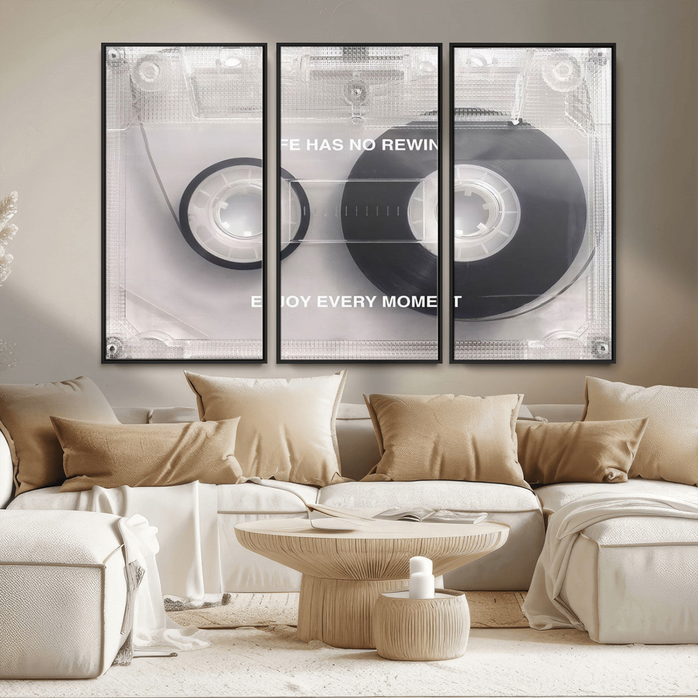 MGV-FC-48X32-3P - Vintage Cassette Tape Canvas Wall Art - Inspirational 'Life Has No Rewind' Quote, Retro Music Decor