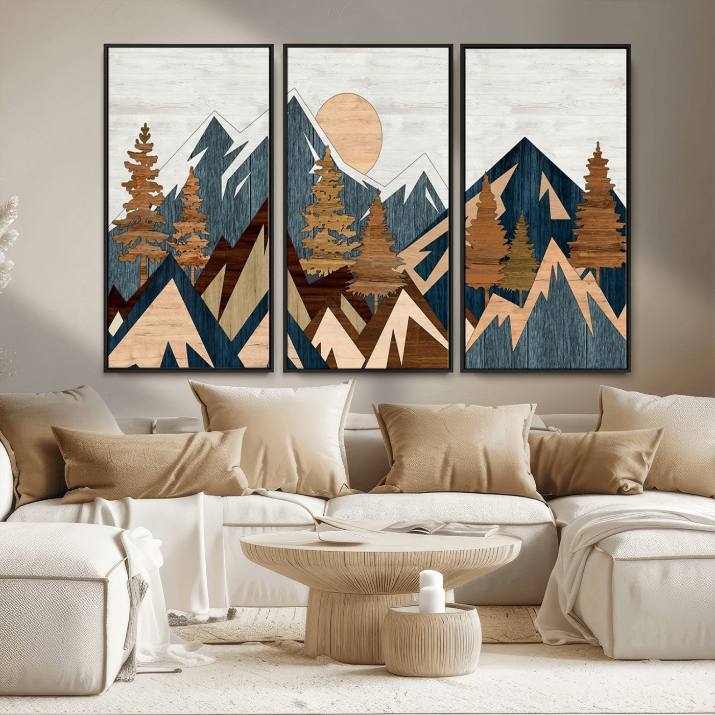 MGV-FC-48X32-3P - Abstract Wood Panel Effect Mountain Range Top Wall Art Canvas Print