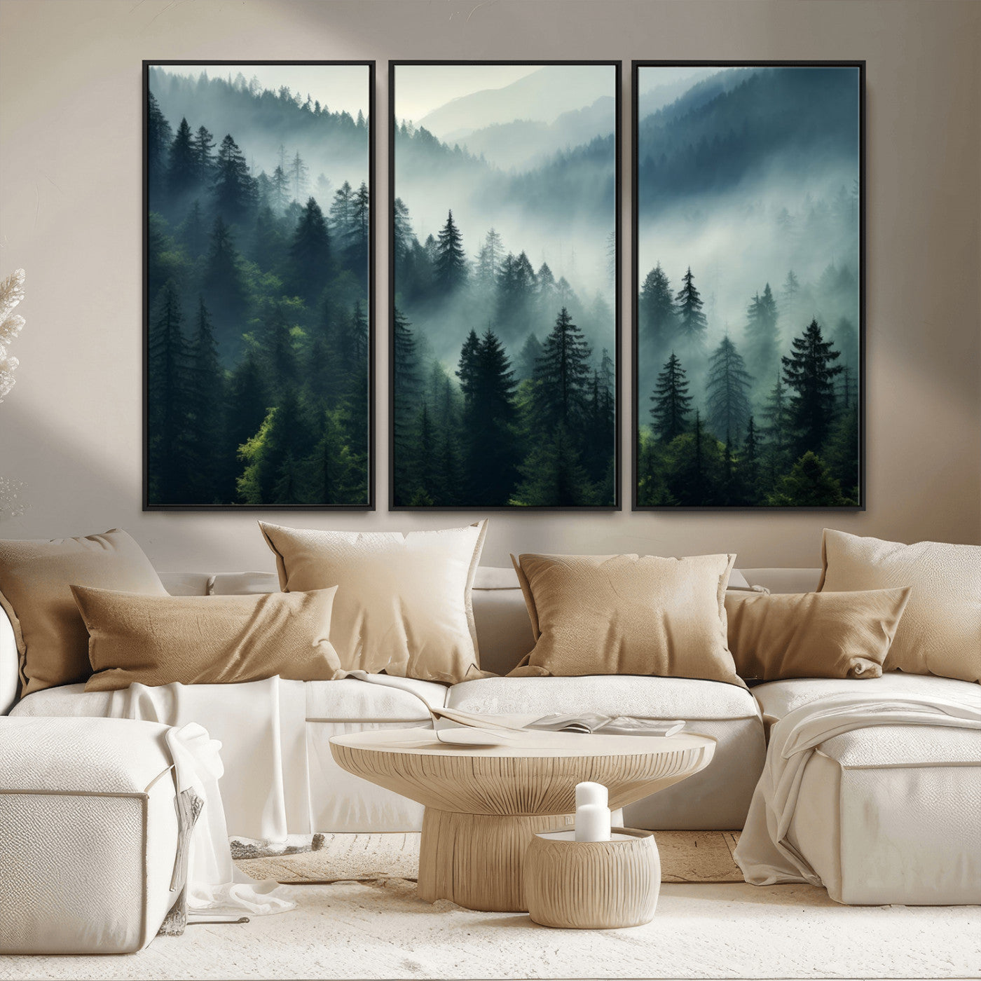 MGV-FC-48X32-3P - Captivating Misty Forest Wall Art Premium Canvas Print a Foggy and Serene Atmosphere Art