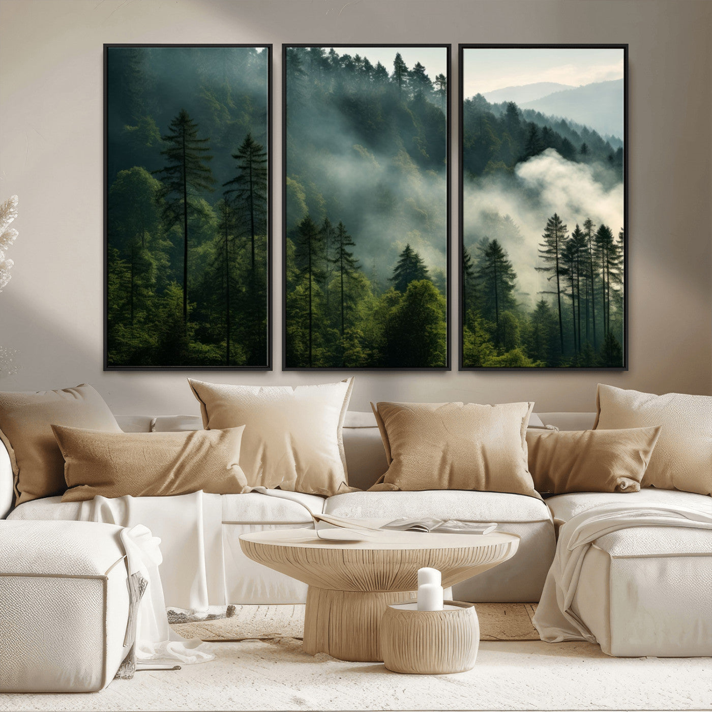 MGV-FC-48X32-3P - Misty Forest Wall Art Premium Canvas Print a Foggy and Serene Atmosphere