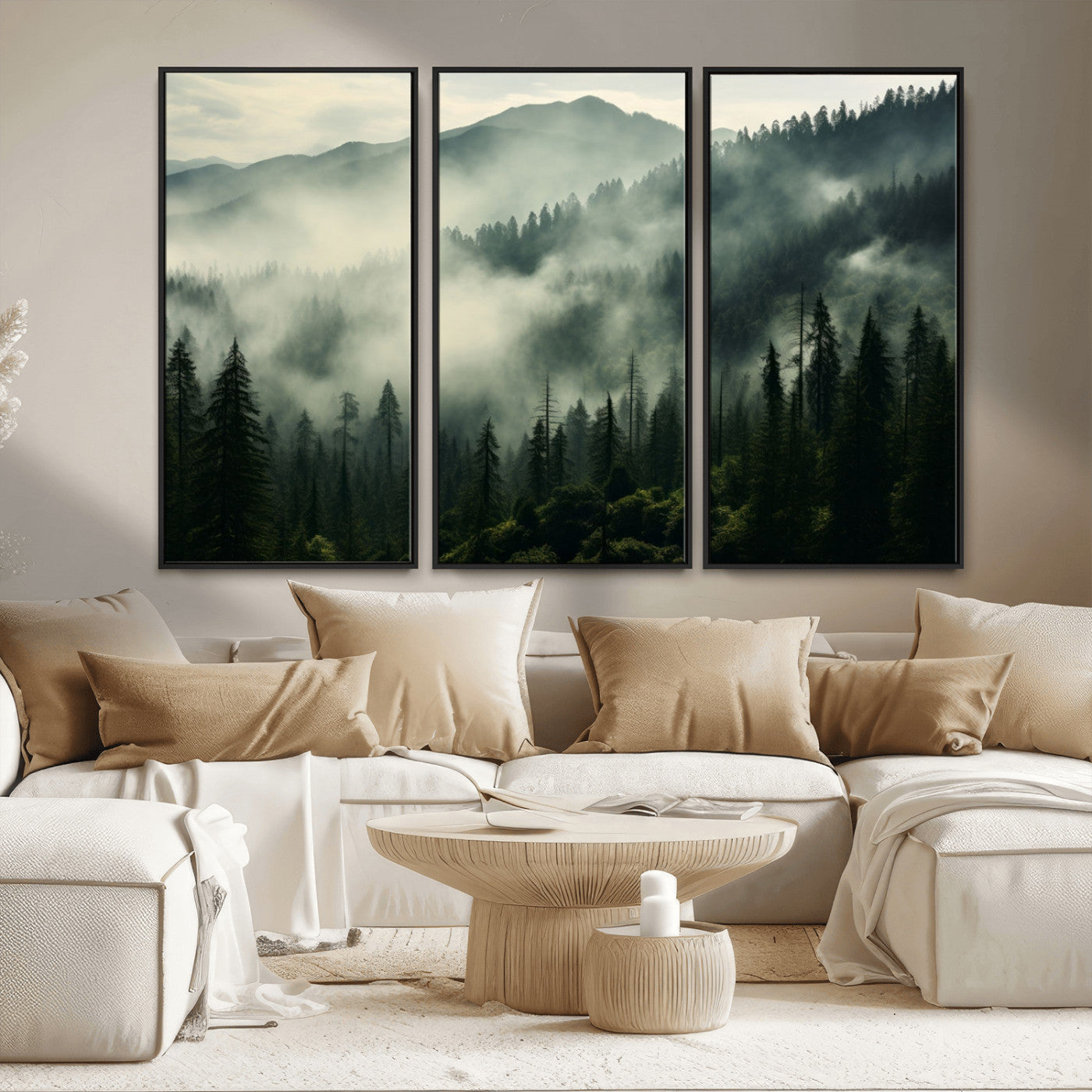 MGV-FC-48X32-3P - Captivating Misty Forest Wall Art Premium Canvas Print a Foggy and Serene Atmosphere