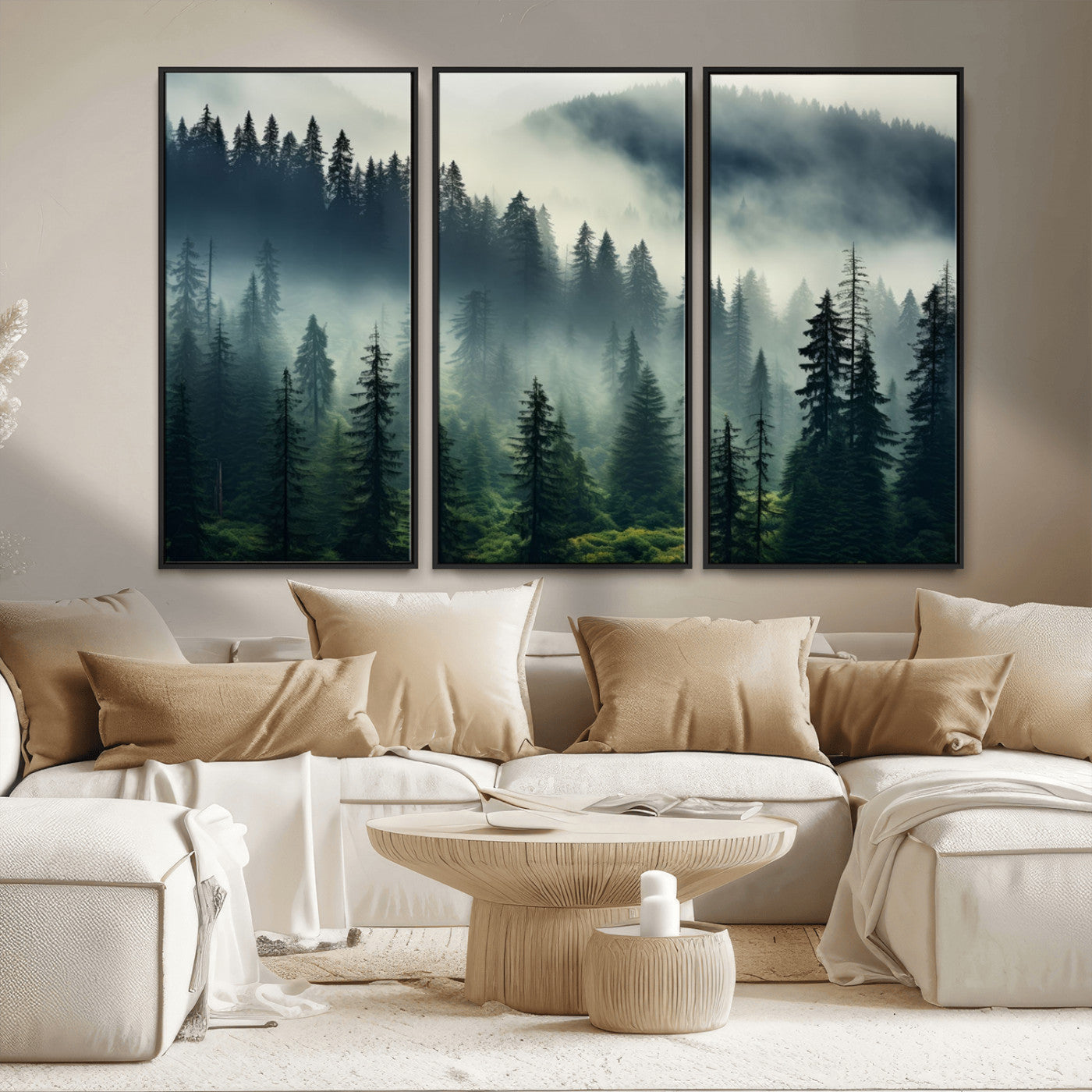 MGV-FC-48X32-3P - Captivating Misty Forest Wall Art Premium Canvas Print a Foggy and Serene Atmosphere