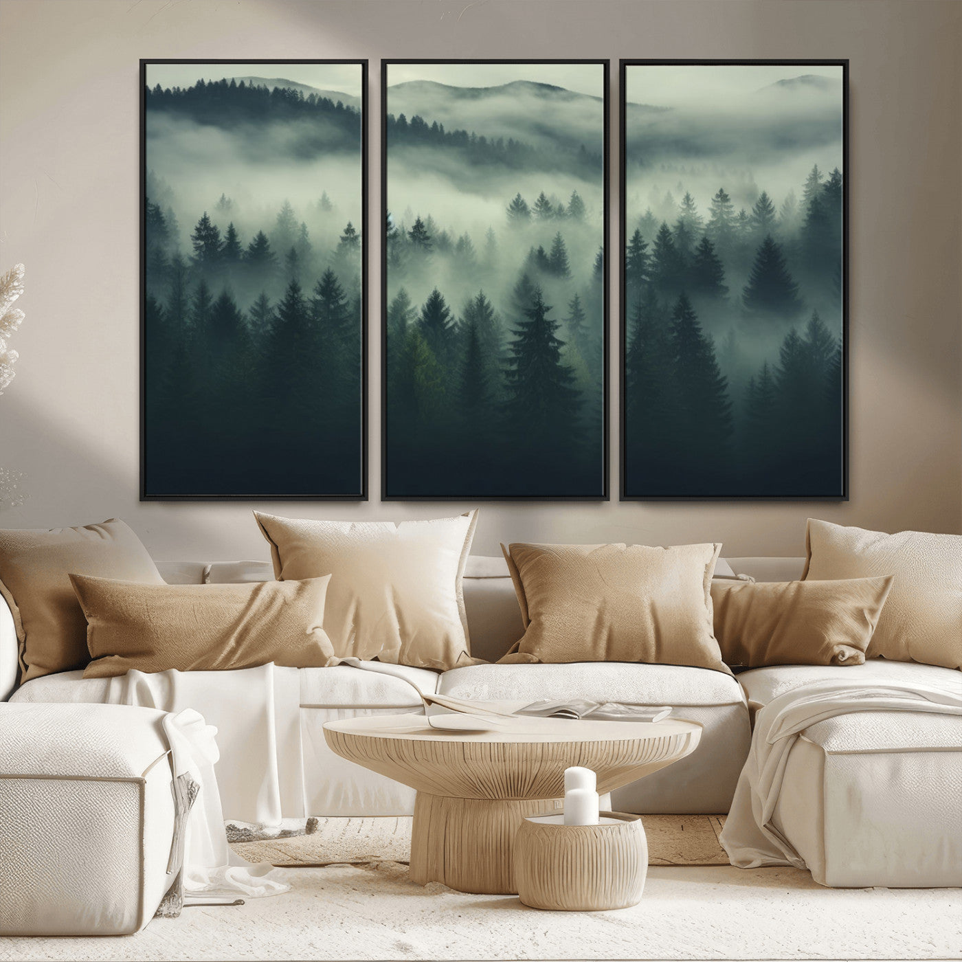 MGV-FC-48X32-3P - Misty Forest Wall Art Premium Canvas Print a Foggy and Serene Atmosphere