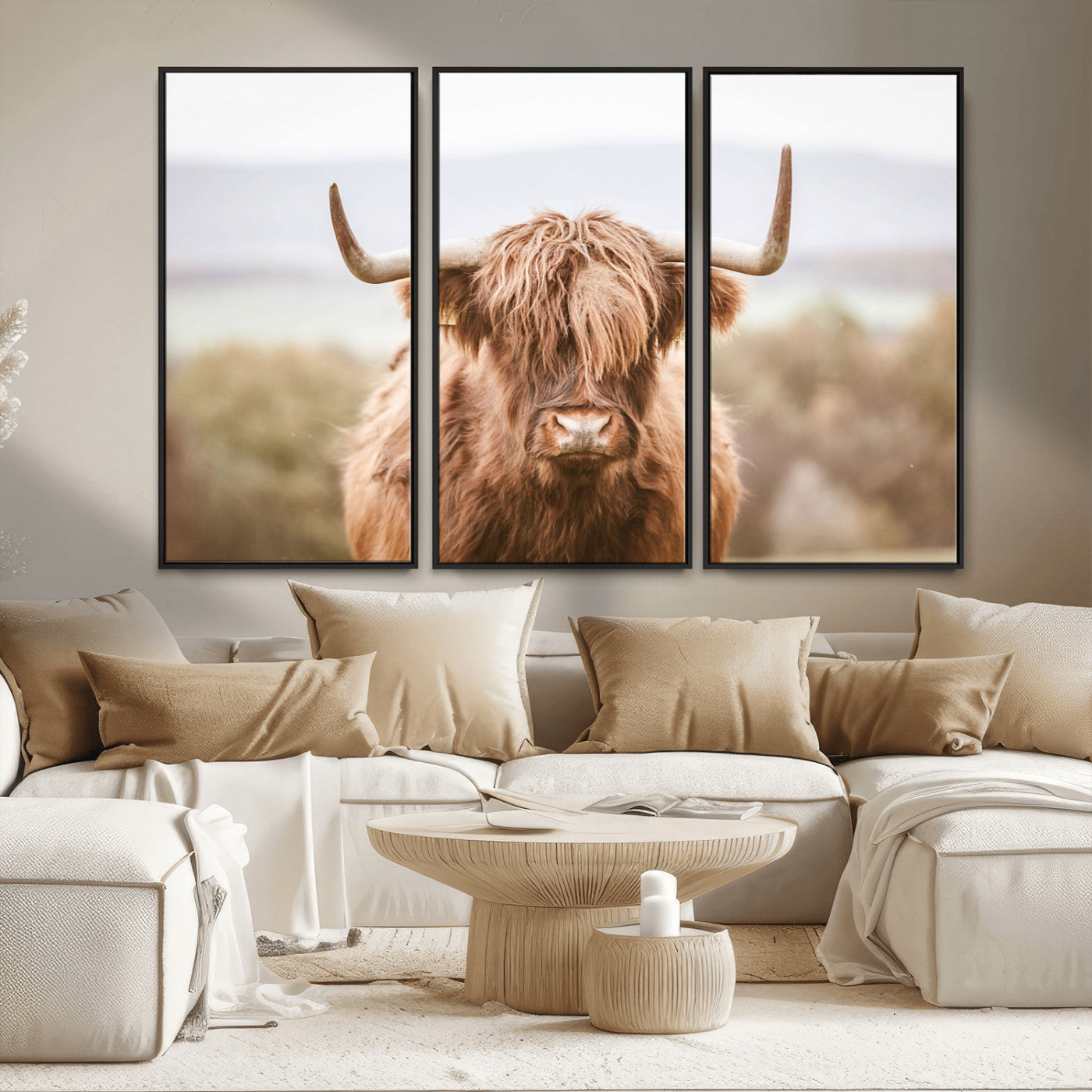 MGV-FC-48X32-3P - Scottish Serene Highland Cow Canvas Wall Art – Serene Highland Cow in Natural Pastel Tones – Ready