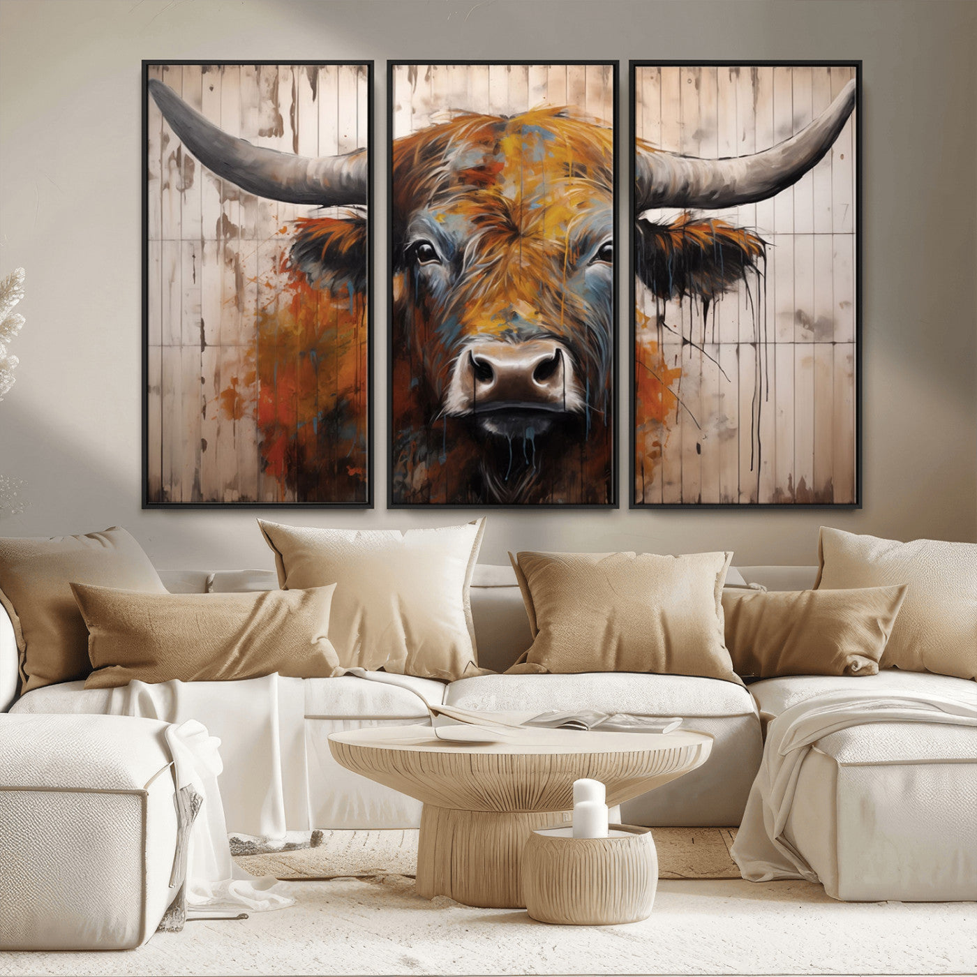MGV-FC-48X32-3P - Abstract Bull Highland Cow Canvas Wall Art Print – Vibrant Rustic Charm in Modern Farmhouse Decor –