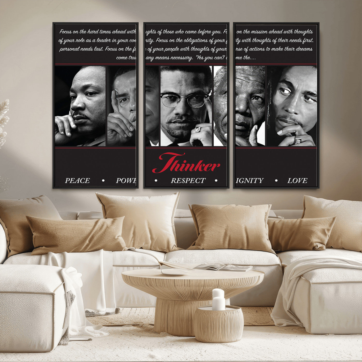 MGV-FC-48X32-3P - Thinker Quintet Canvas Wall Art – Martin, Obama, Malcolm X, Mandela, Marley Featuring Peace, Power,