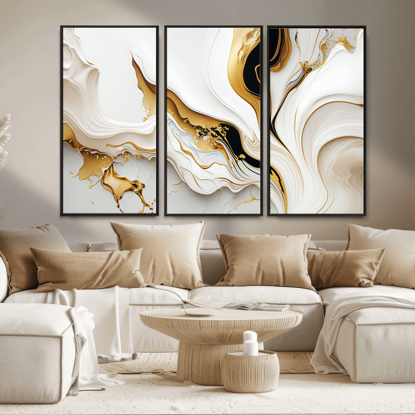 -Gold Waves on Pure White Canvas – Gold Abstract Art for Modern Interiors | Wall Art Canvas, Framed &