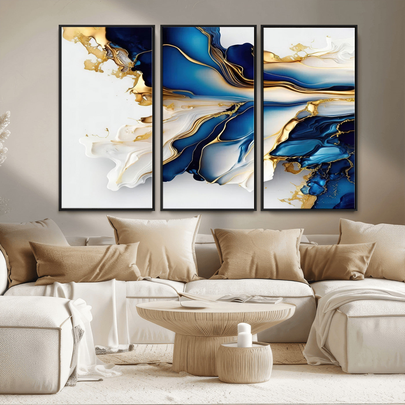 MGV-FC-48X32-3P - Gold Marble Art - Abstract Geode Gold And Blue Marble Shape 3 Pieces Wall Art Canvas Print