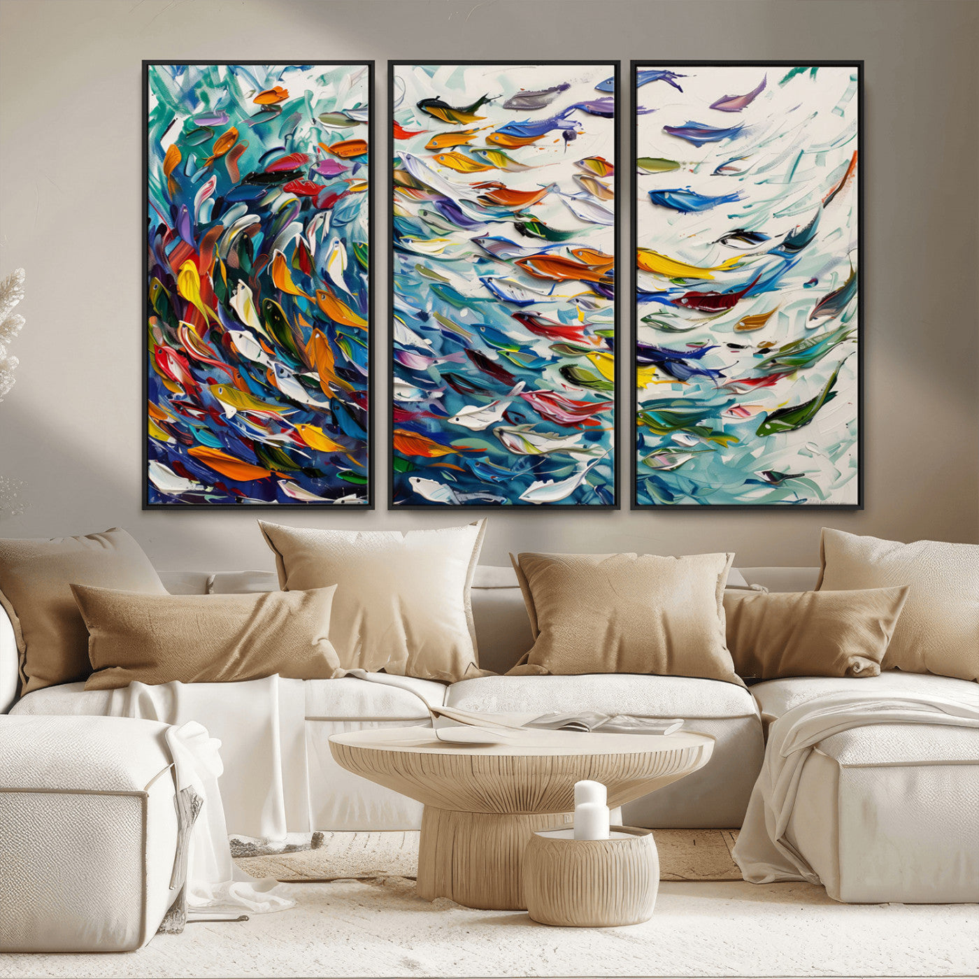 MGV-FC-48X32-3P - Modern Abstract Fish Shoal Wall Art Canvas Print, Colorful Fish Herd Painting on Canvas Print, Ocean