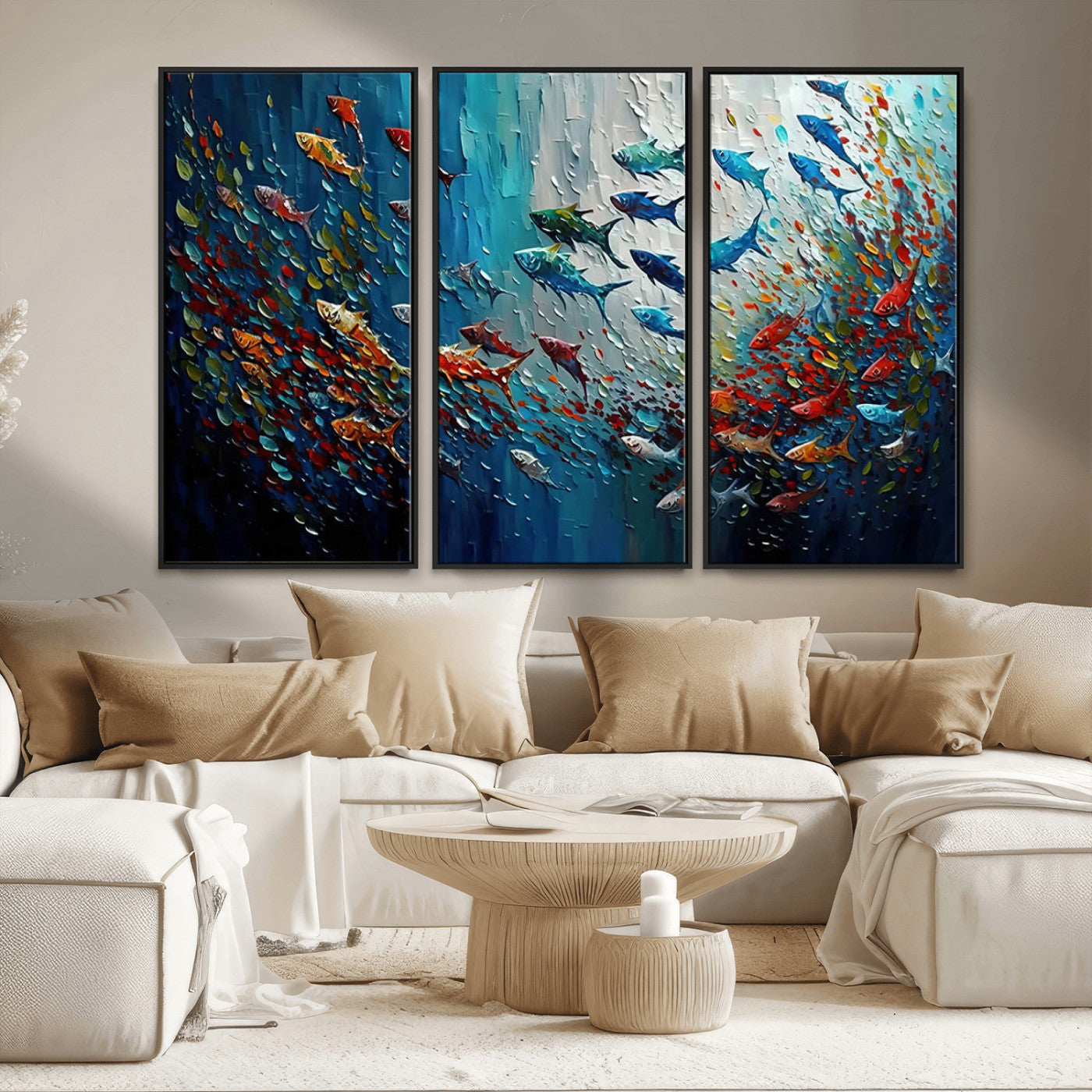 MGV-FC-48X32-3P - Modern Abstract Fish Shoal Wall Art Canvas Print, Colorful Fish Herd Painting on Canvas Print, Ocean