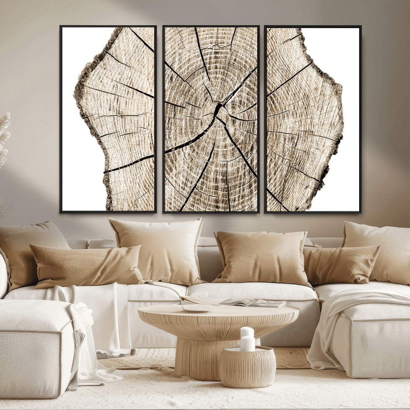 MGV-FC-48X32-3P - Abstract Wood Tree Ring Wall Art - Ready to Hang Minimalist Wooden Design for Rustic & Contemporary