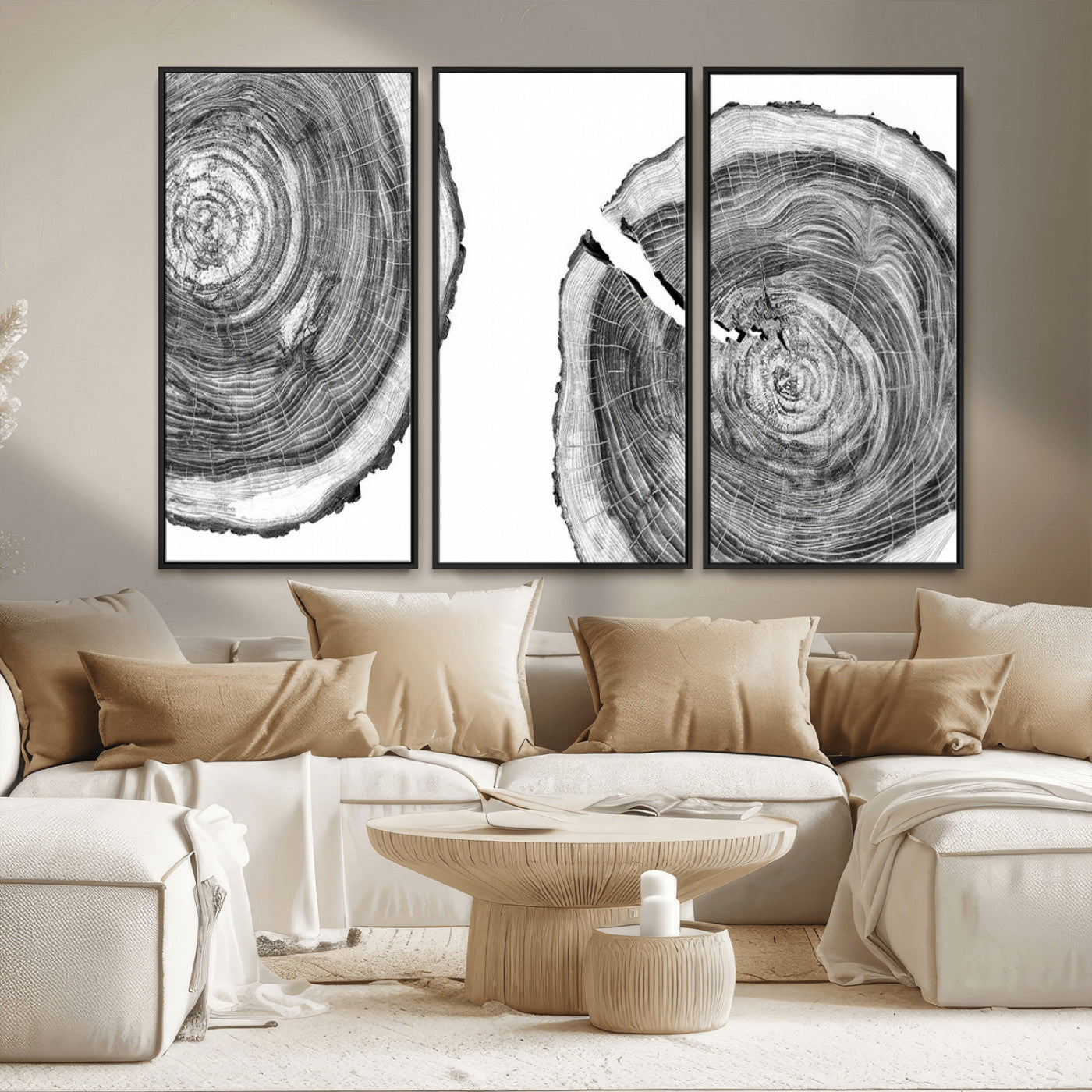 MGV-FC-48X32-3P - Modern Black and White Tree Rings Canvas Wall Art – Nature Inspired Wood Slice Print – Minimalist