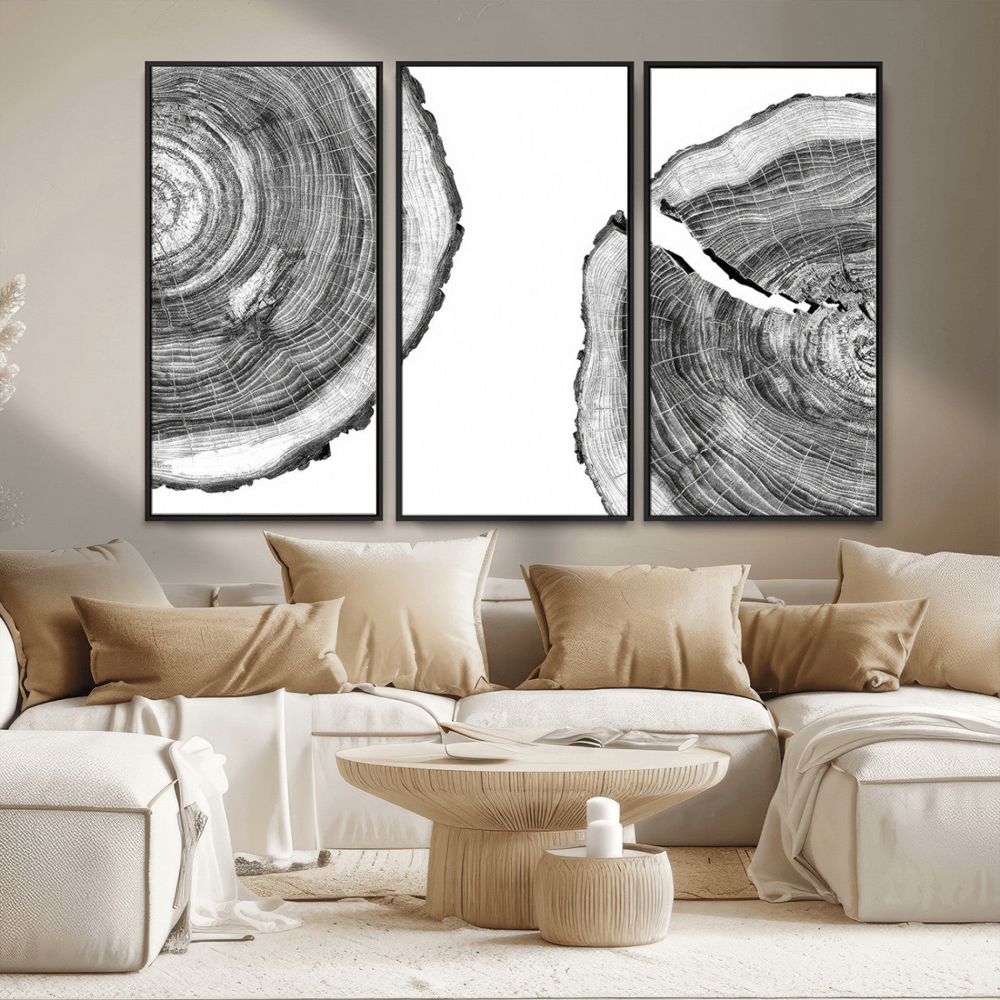 MGV-FC-48X32-3P - Abstract Large Tree Rings – Minimalist Black and White Wood Art | Triptych Canvas, Modern Wall Decor