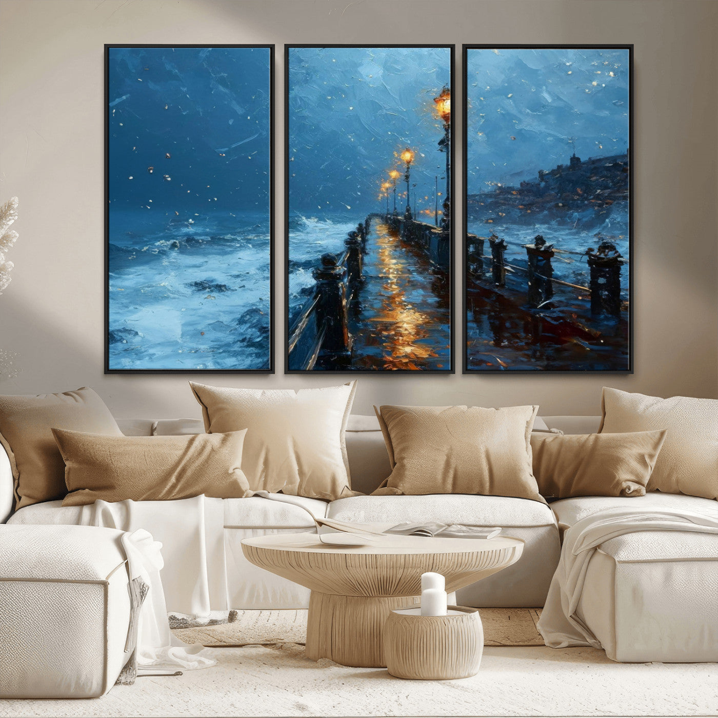 MGV-FC-48X32-3P - Stormy Night at Beach Pier Oil Painting Large Wall Art Print, Framed Canvas Nature Wall Decor,