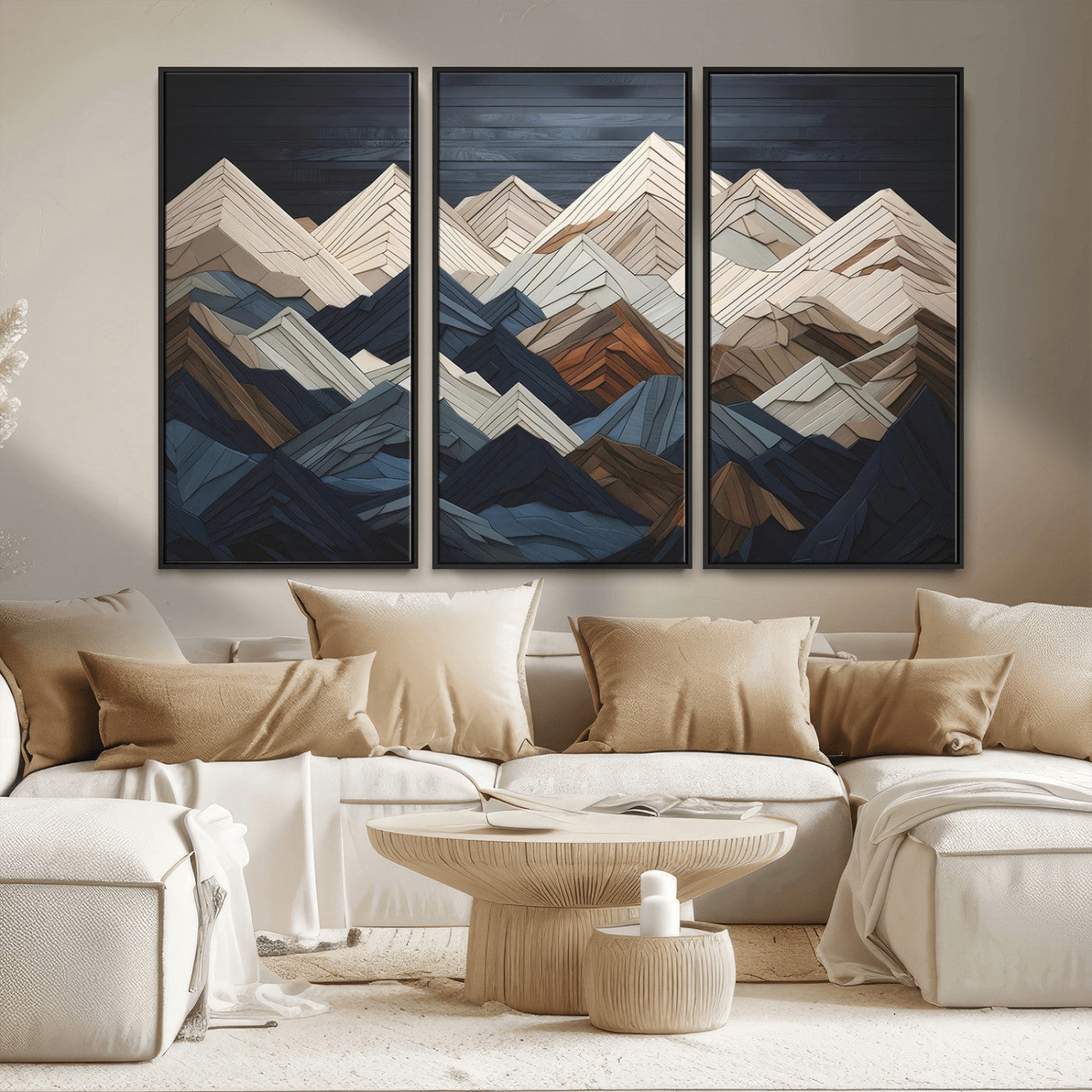 MGV-FC-48X32-3P - Mountain Range Art Wood Style Wall Art - Ready to Hang 3-Piece Set for Modern Rustic Decor, Abstract