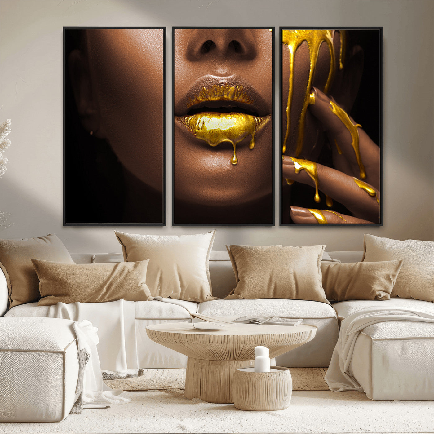 MGV-FC-48X32-3P - African American Art Black Woman Canvas Print, African Wall Art, Fashion African Woman Gold Lips