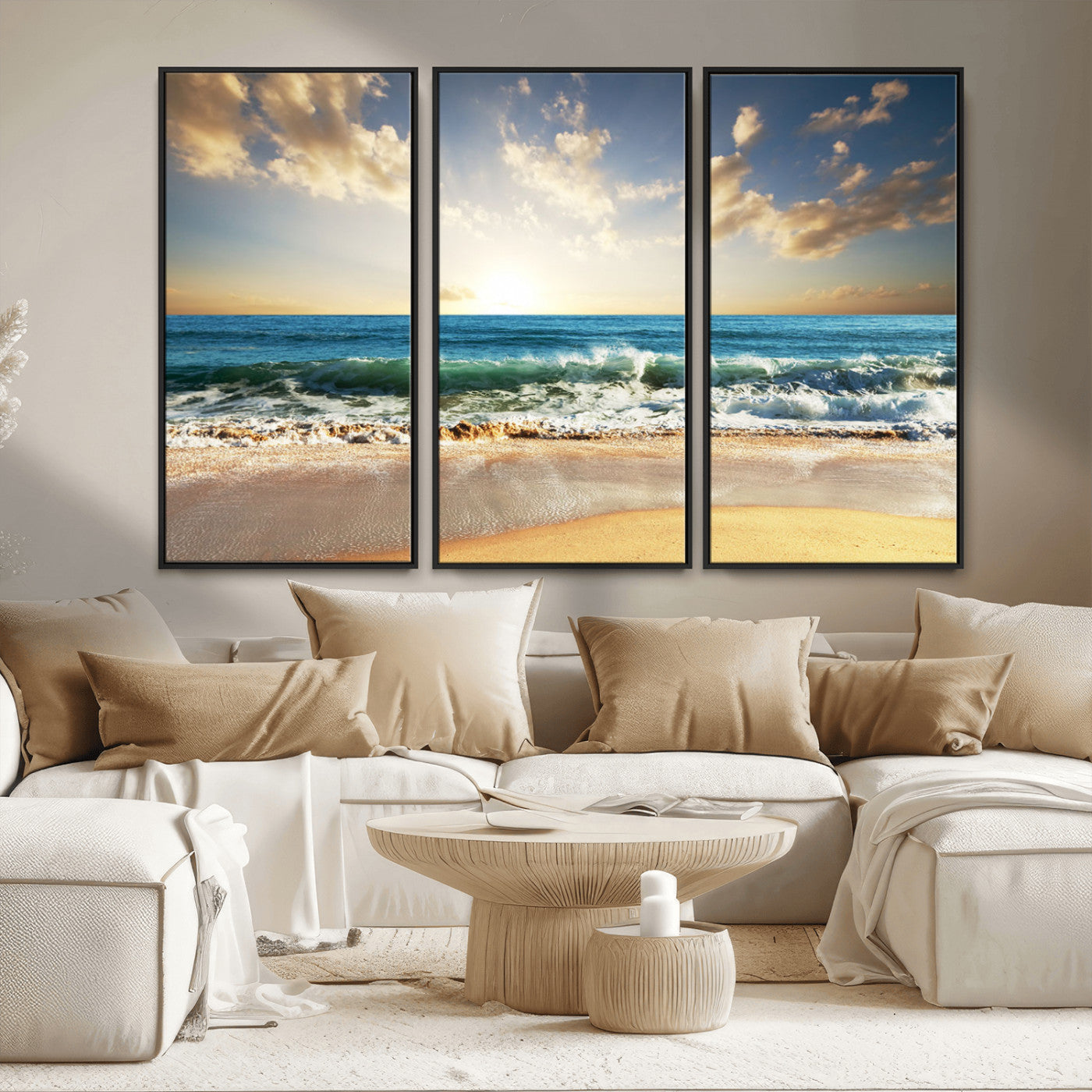 MGV-FC-48X32-3P - Golden Sunset Beach Triptych Canvas Wall Art for Living Room – 3-Panel Ocean View, Framed & Ready to