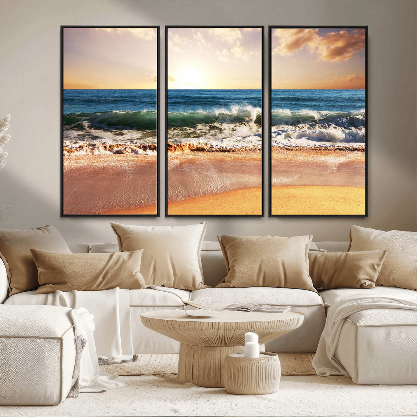 MGV-FC-48X32-3P - Sunset Beach Wall Art - 3-Panel Framed Canvas Print, Ready to Hang Ocean Sunset for Coastal and