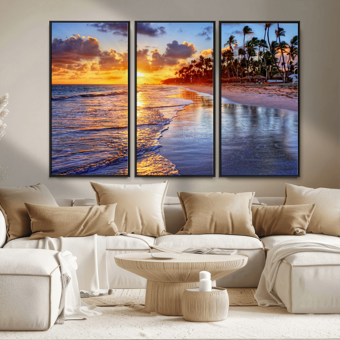 MGV-FC-48X32-3P - Serene Beach Sunset Wall Art Canvas- Coastal Seascape Print for Living Room or Bedroom, Ocean Waves