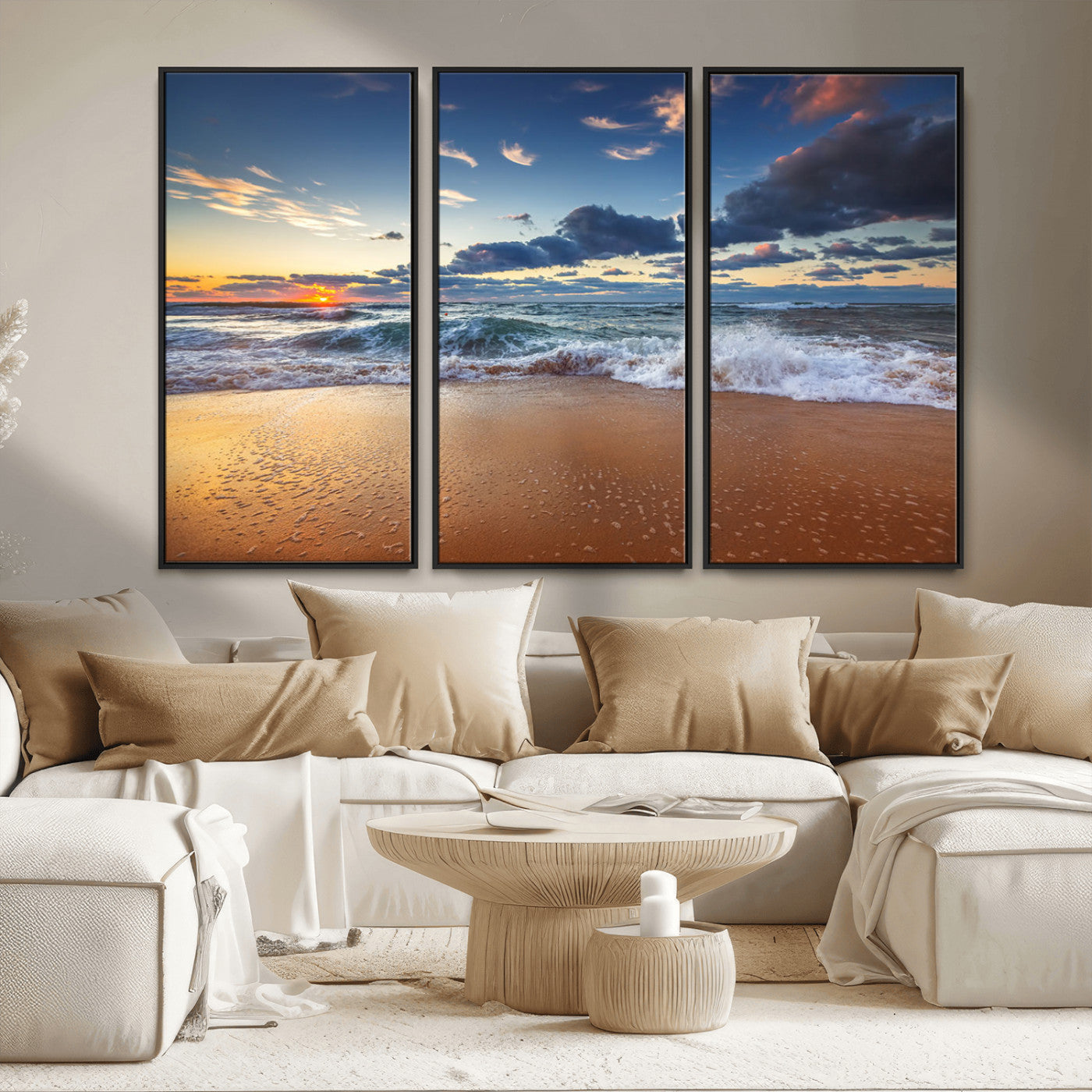 MGV-FC-48X32-3P - Beach Canvas Wall Art - Coastal Seascape Print for Living Room or Bedroom, Ocean Waves on Sand,