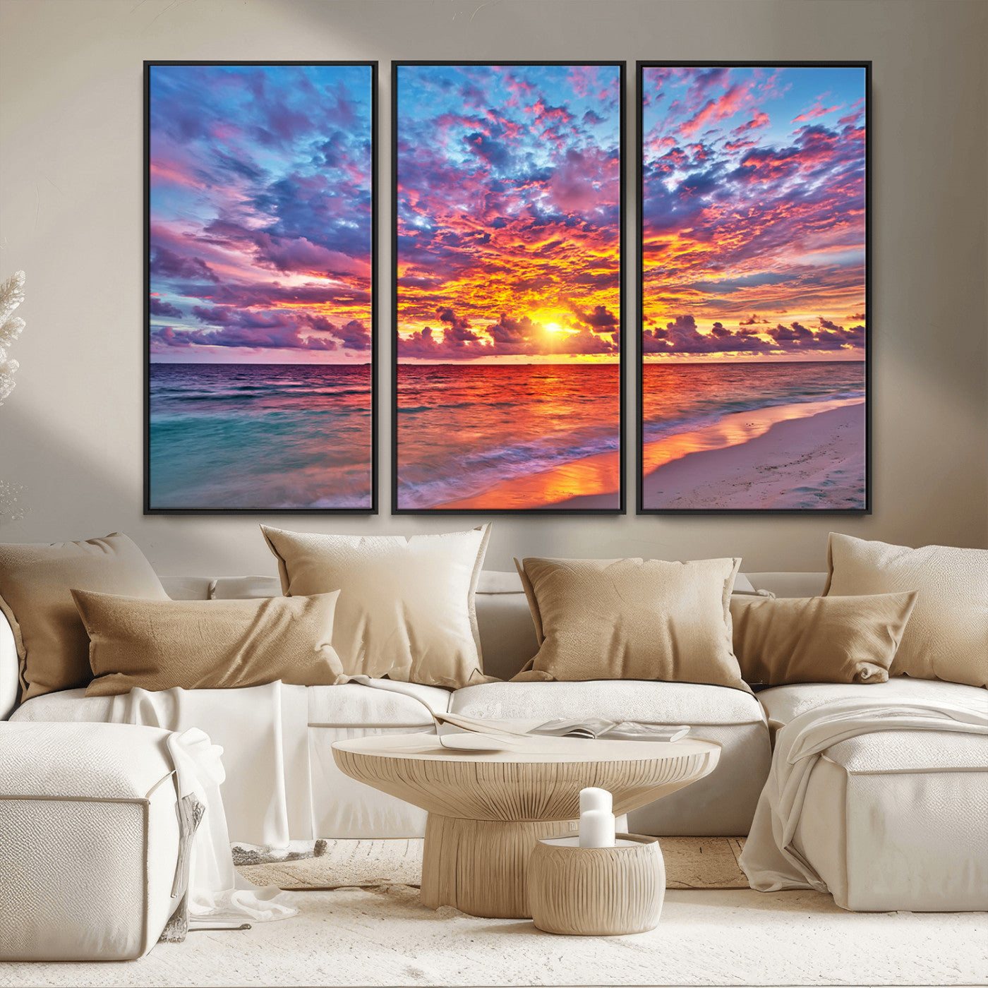 MGV-FC-48X32-3P - Vibrant Sunset Beach Wall Art - Ocean Sunset Canvas Print | Coastal Wall Art Decor Stunning Sunset
