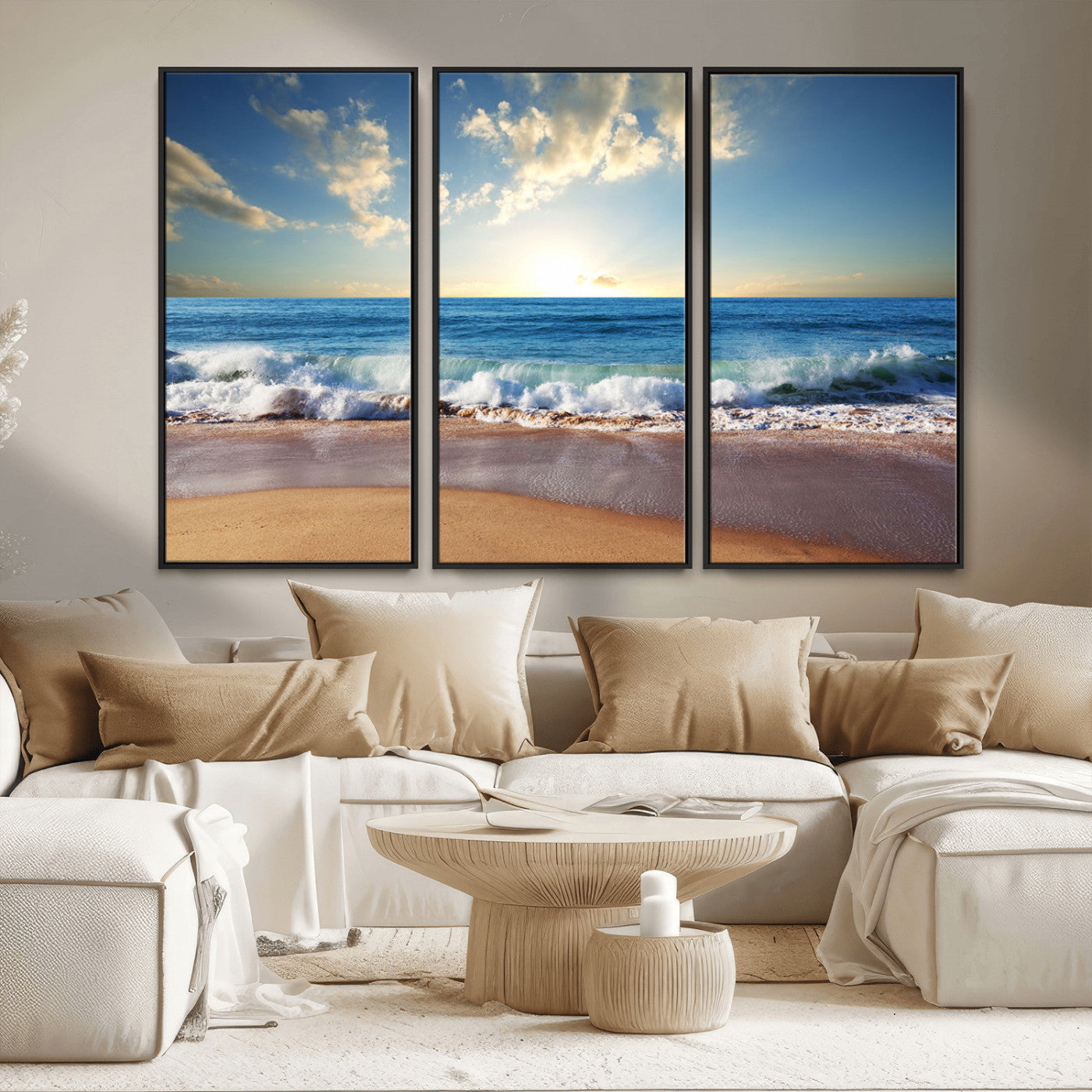 MGV-FC-48X32-3P - Serene Ocean Sunset Canvas Wall Art - Beach Waves at Sunset, Ready to Hang