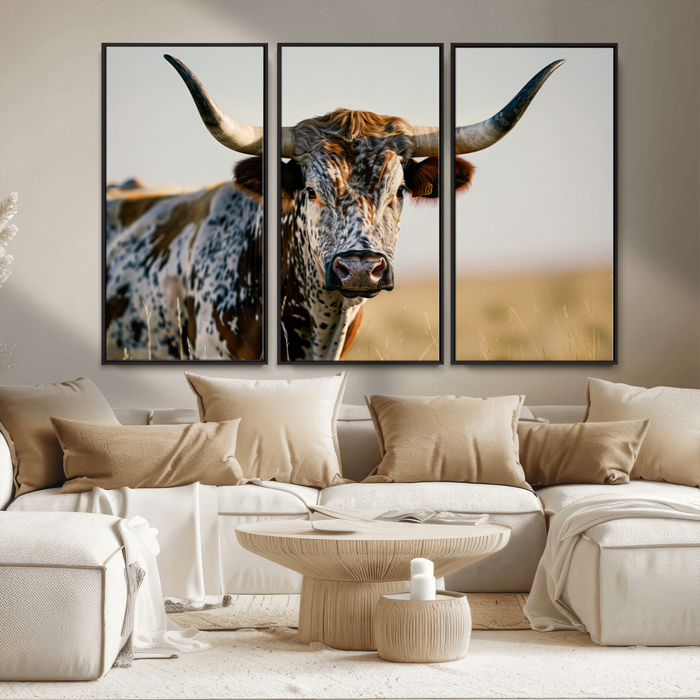 MGV-FC-48X32-3P - Texas Bull Longhorn Wall Art Canvas Print for Farm House Wall Decor, Farmhouse Wall Art Print