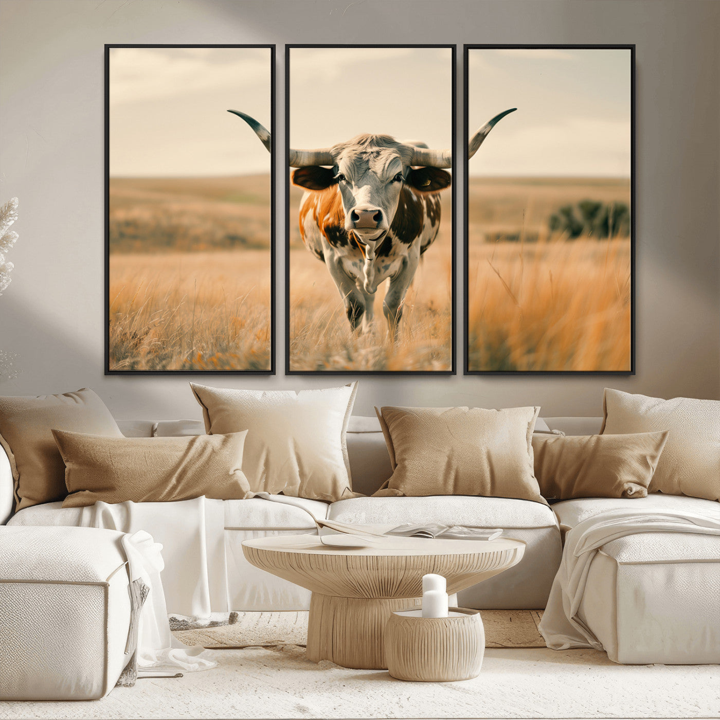 MGV-FC-48X32-3P - Texas Cow Wall Art Canvas Print for Farm House Wall Decor, Farmhouse Wall Art Print
