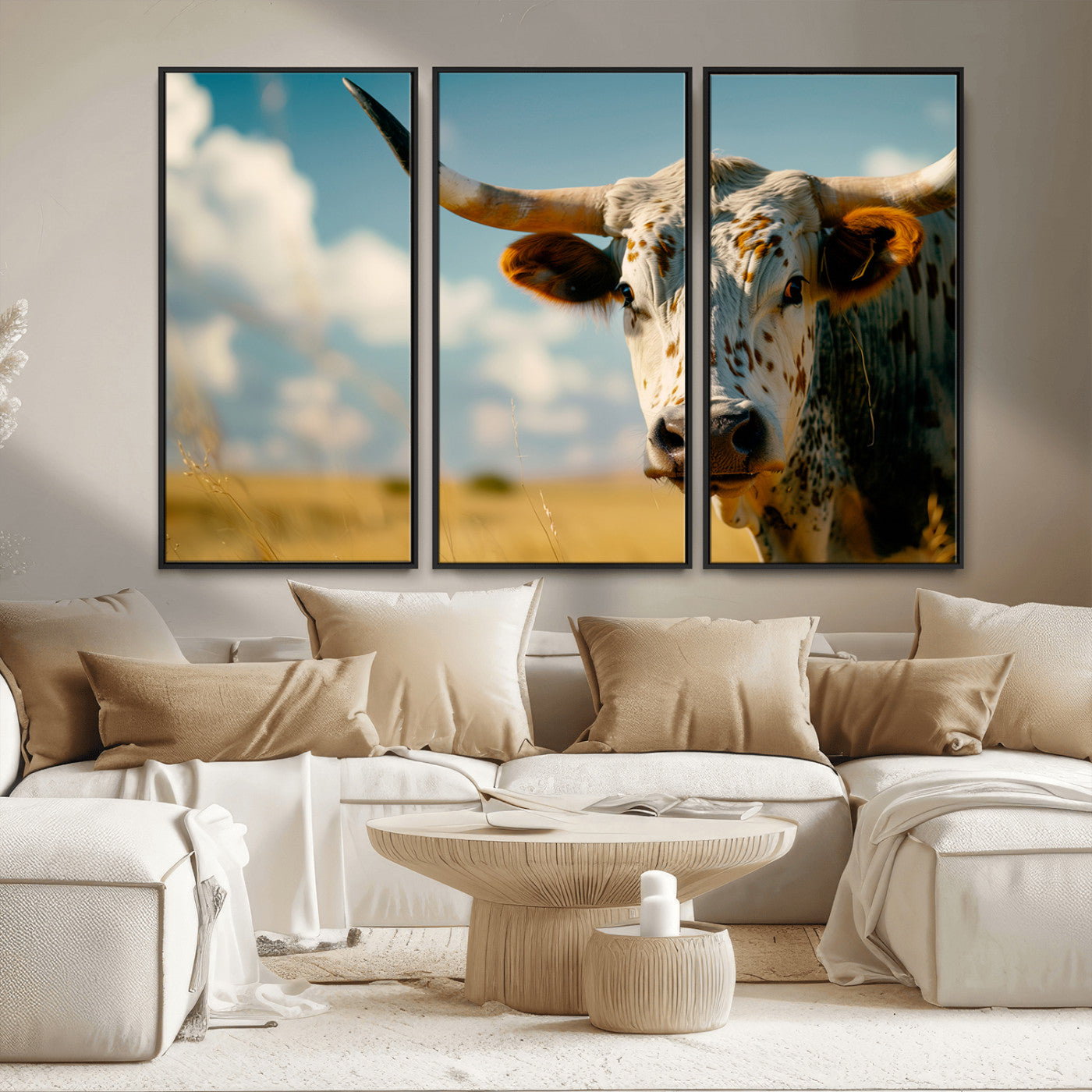 MGV-FC-48X32-3P - Longhorn in the Prairie - Stunning Ranch-Style Triptych Wall Art for Western Home Decor, Cowboy Wall