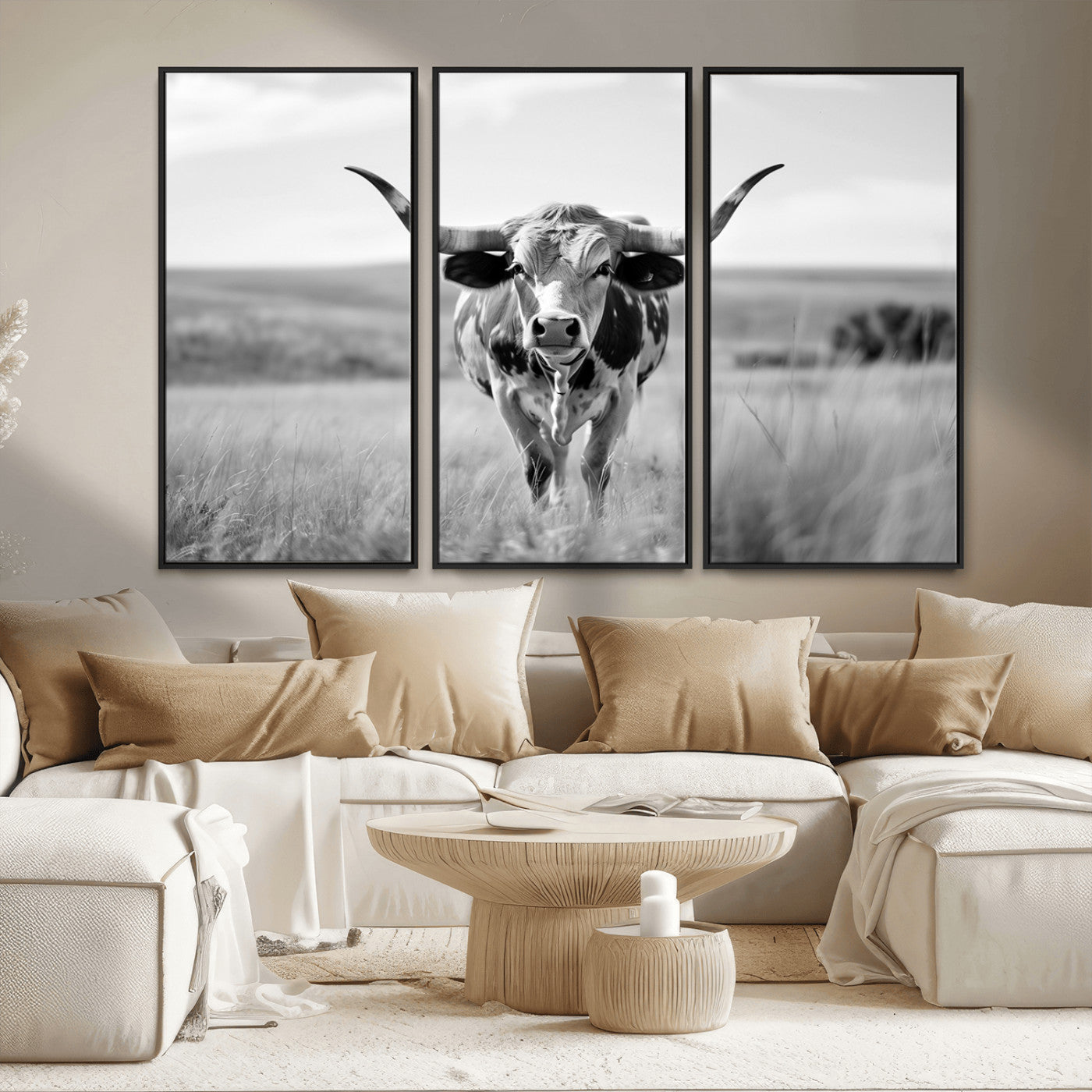 MGV-FC-48X32-3P - Texas Cow Longhorn Wall Art Canvas Print for Farm House Wall Decor, Farmhouse Wall Art Print