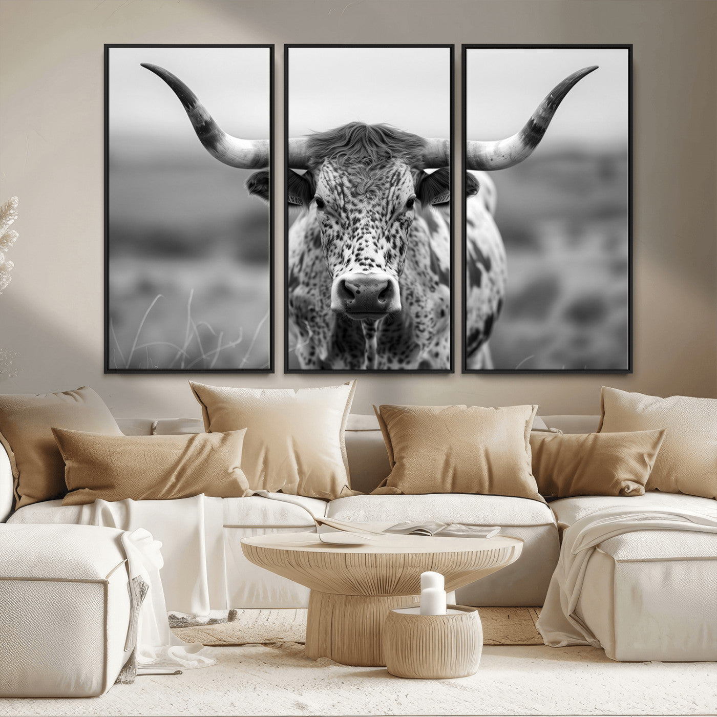 MGV-FC-48X32-3P - Texas Cow Longhorn Wall Art Canvas Print for Farm House Wall Decor, Farmhouse Wall Art Print