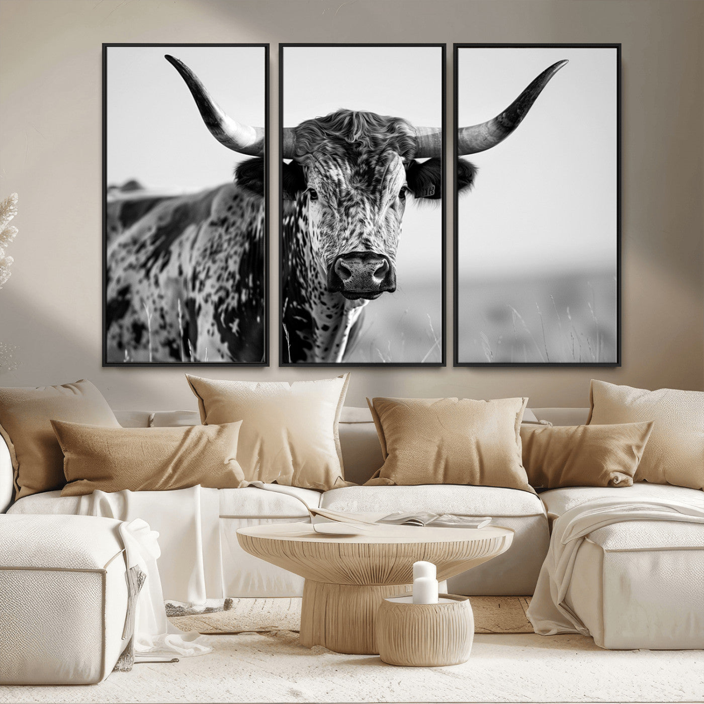 MGV-FC-48X32-3P - Texas Highland Cow Longhorn Canvas Print - Rustic Farmhouse Wall Art - Large Texas Longhorn